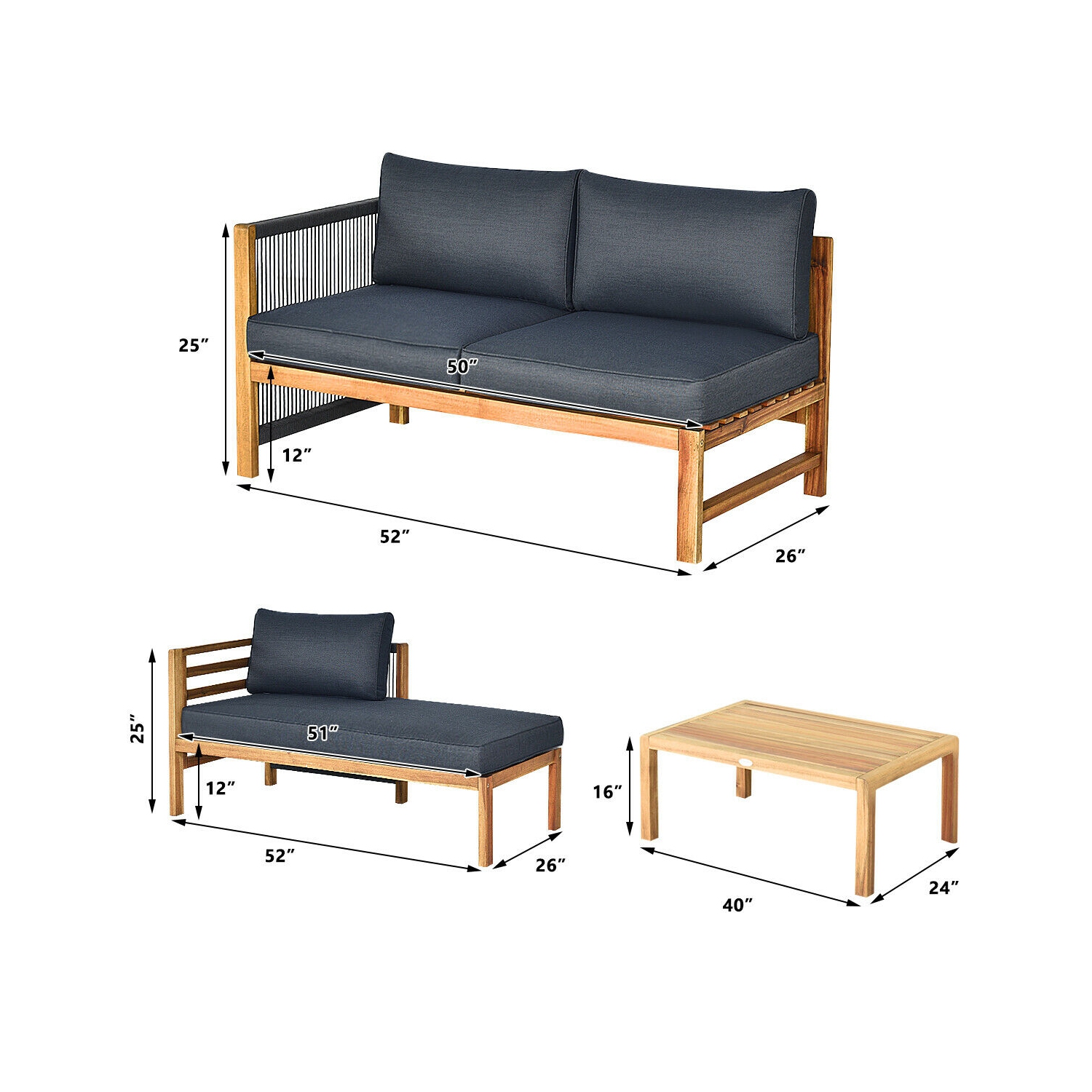 Gymax 3PCS Patio Acacia Wood Sofa Furniture Set Thick Cushion W/Nylon Rope Armrest