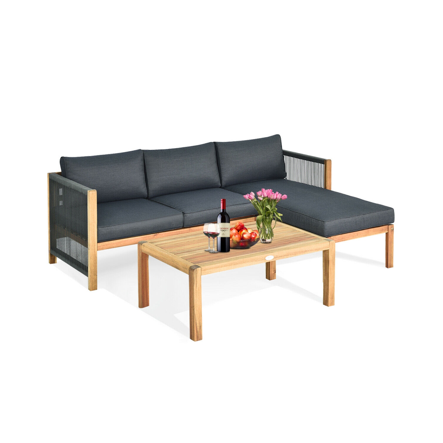 Gymax 3PCS Patio Acacia Wood Sofa Furniture Set Thick Cushion W/Nylon Rope Armrest