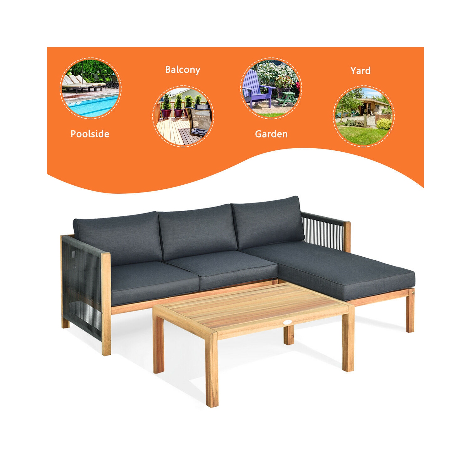 Gymax 3PCS Patio Acacia Wood Sofa Furniture Set Thick Cushion W/Nylon Rope Armrest