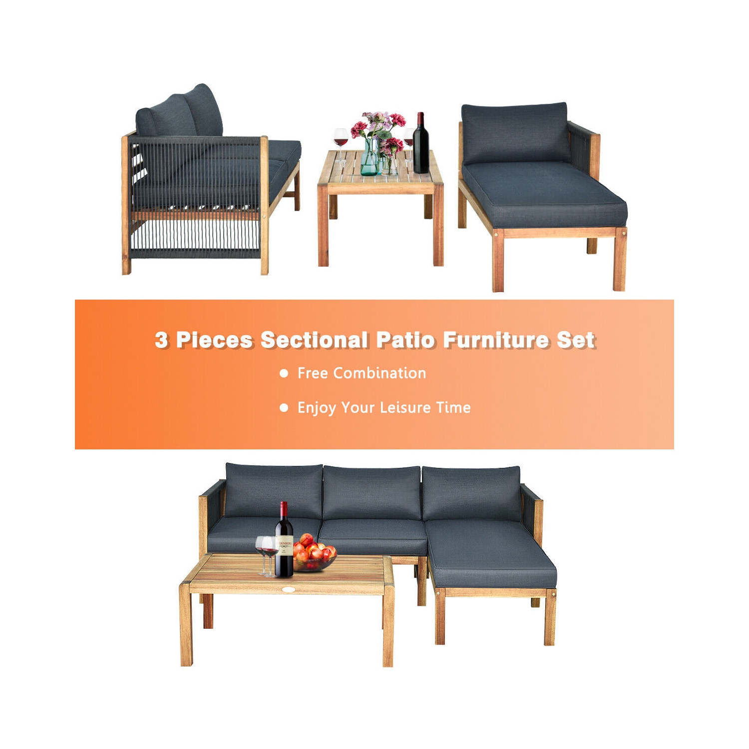 Gymax 3PCS Patio Acacia Wood Sofa Furniture Set Thick Cushion W/Nylon Rope Armrest