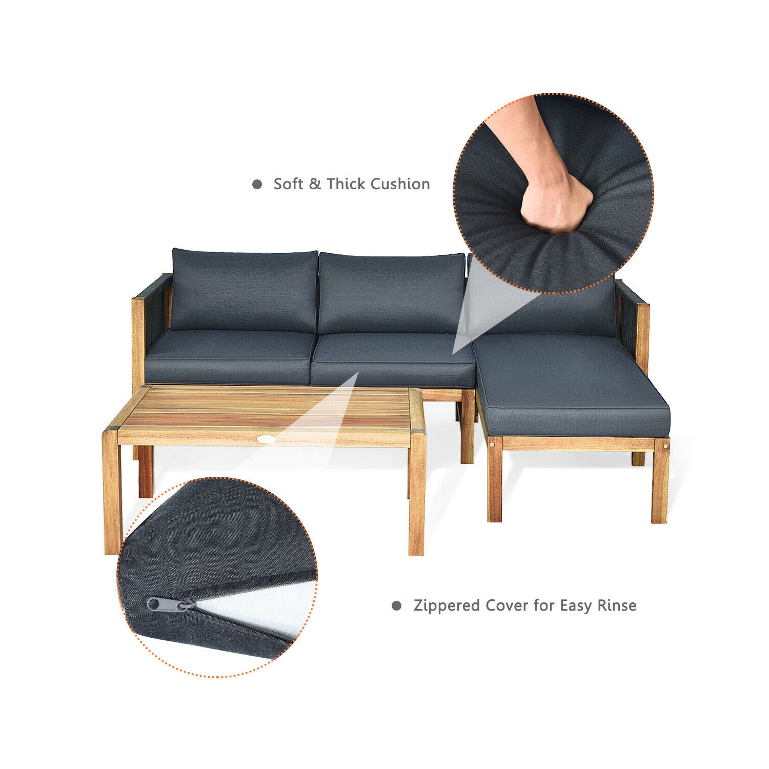 Gymax 3PCS Patio Acacia Wood Sofa Furniture Set Thick Cushion W/Nylon Rope Armrest