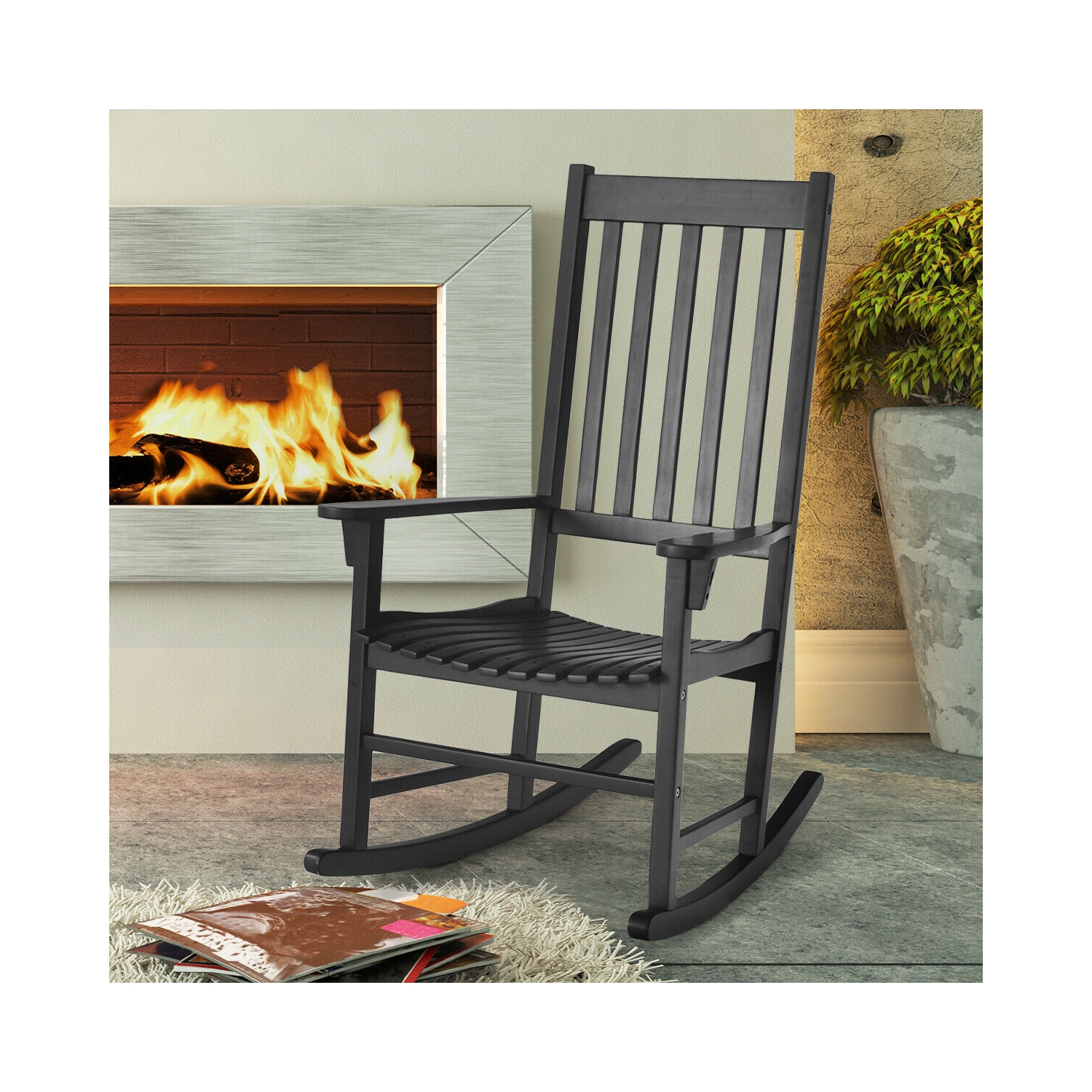 Gymax Wooden Rocking Chair Porch Rocker High Back Garden Seat For Indoor Outdoor