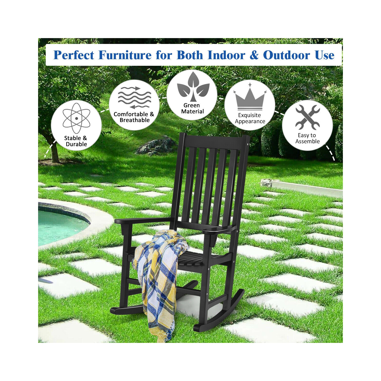 Gymax Wooden Rocking Chair Porch Rocker High Back Garden Seat For Indoor Outdoor