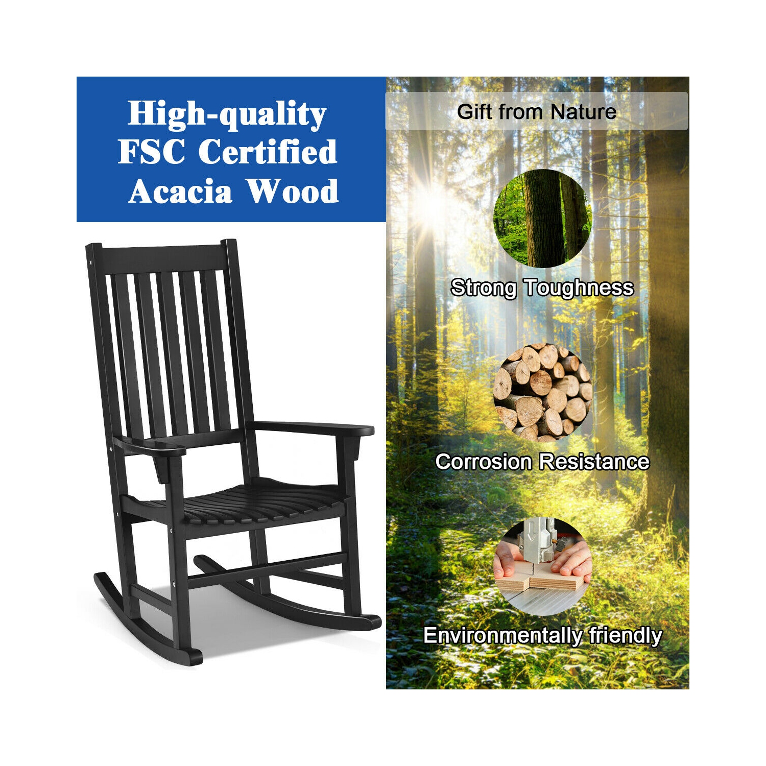 Gymax Wooden Rocking Chair Porch Rocker High Back Garden Seat For Indoor Outdoor