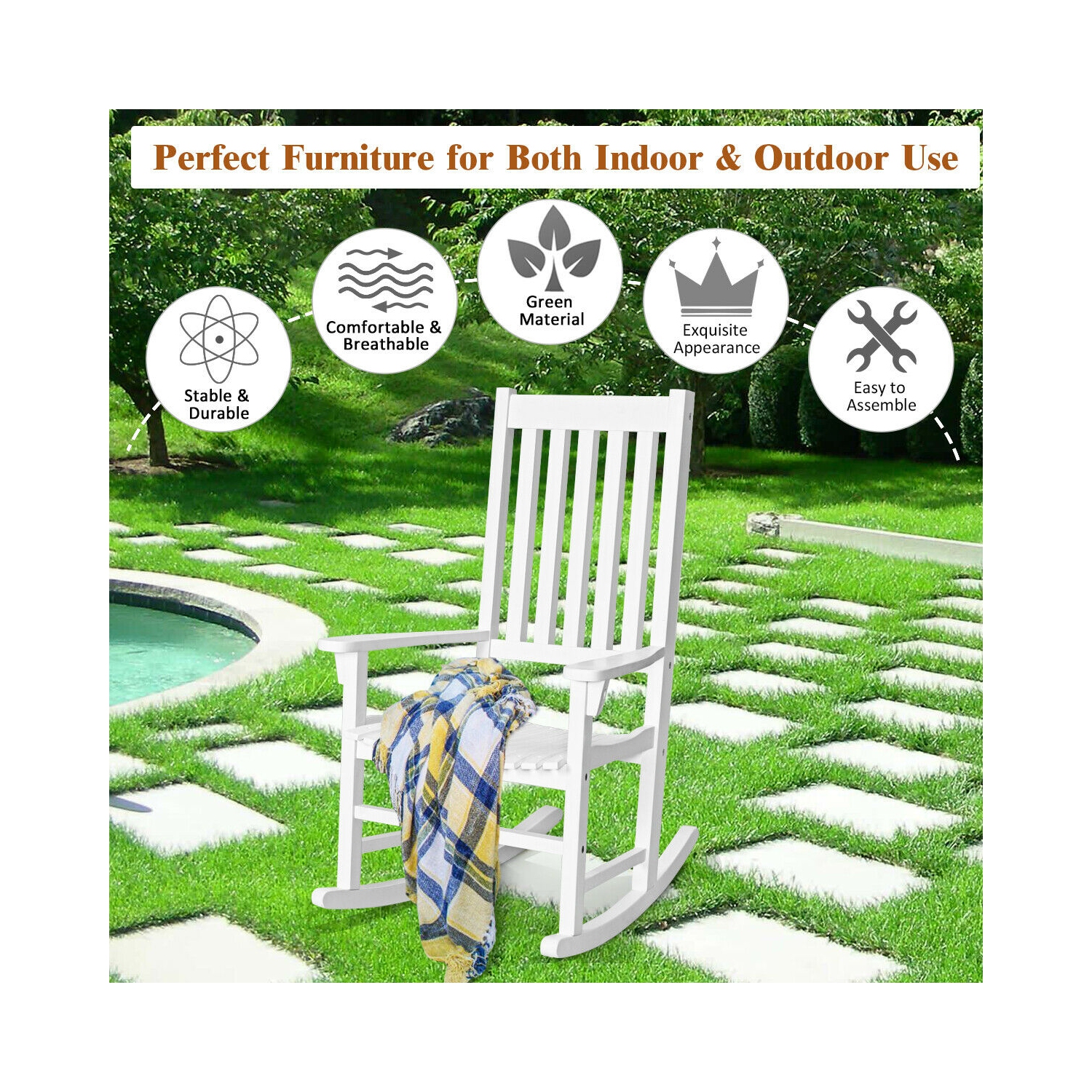 Gymax Wooden Rocking Chair Porch Rocker High Back Garden Seat For Indoor Outdoor