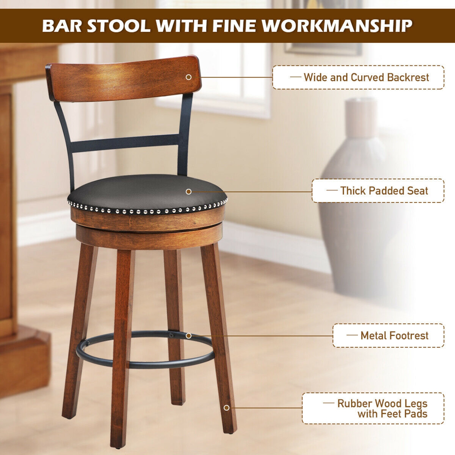 Gymax Set of 4 BarStool 25.5'' Swivel Counter Height Dining Chair with Rubber Wood Legs