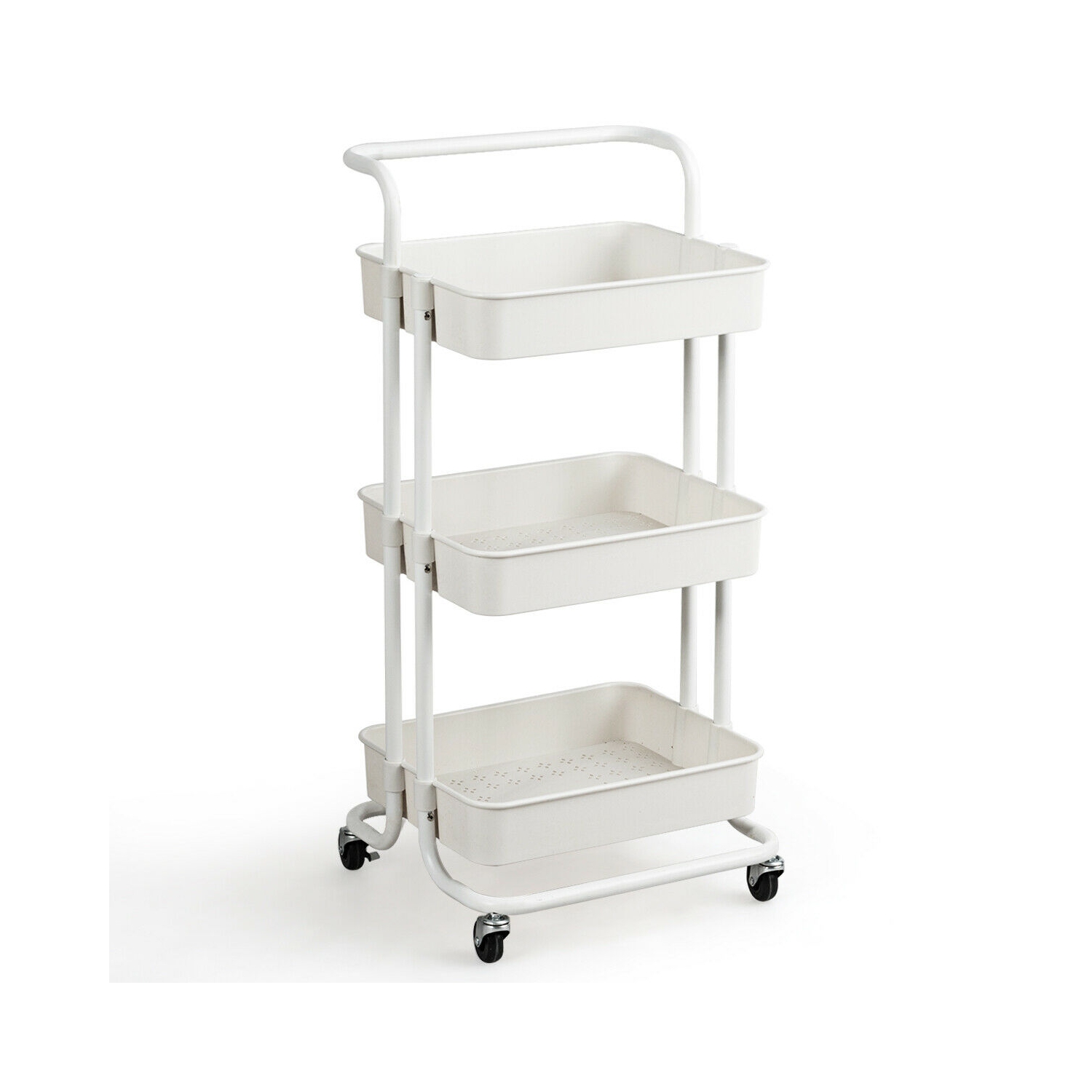 Gymax 3 Tier Rolling Cart W/Wheels Practical Handle&ABS Storage Basket Organizer White