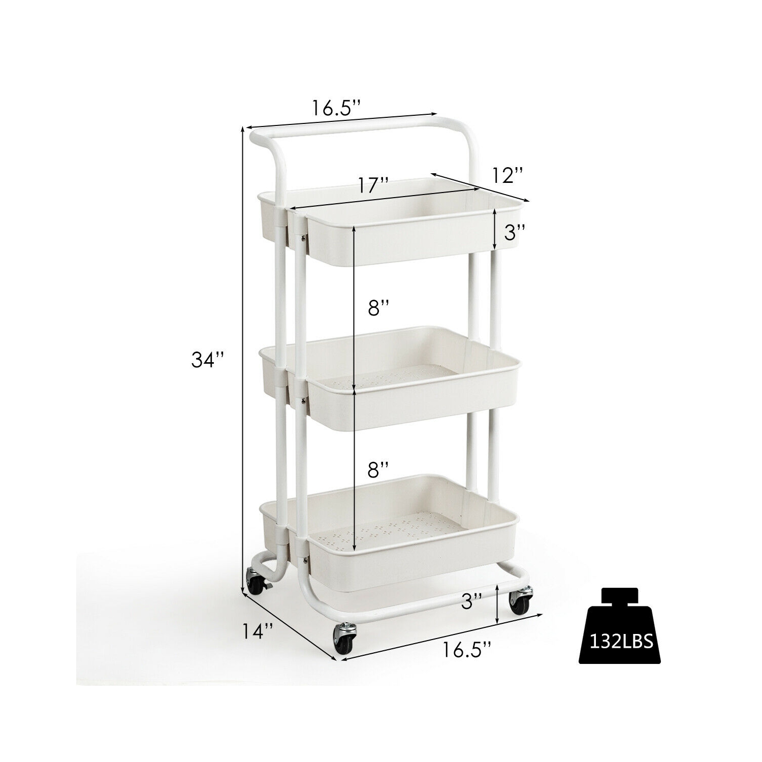 Gymax 3 Tier Rolling Cart W/Wheels Practical Handle&ABS Storage Basket Organizer White