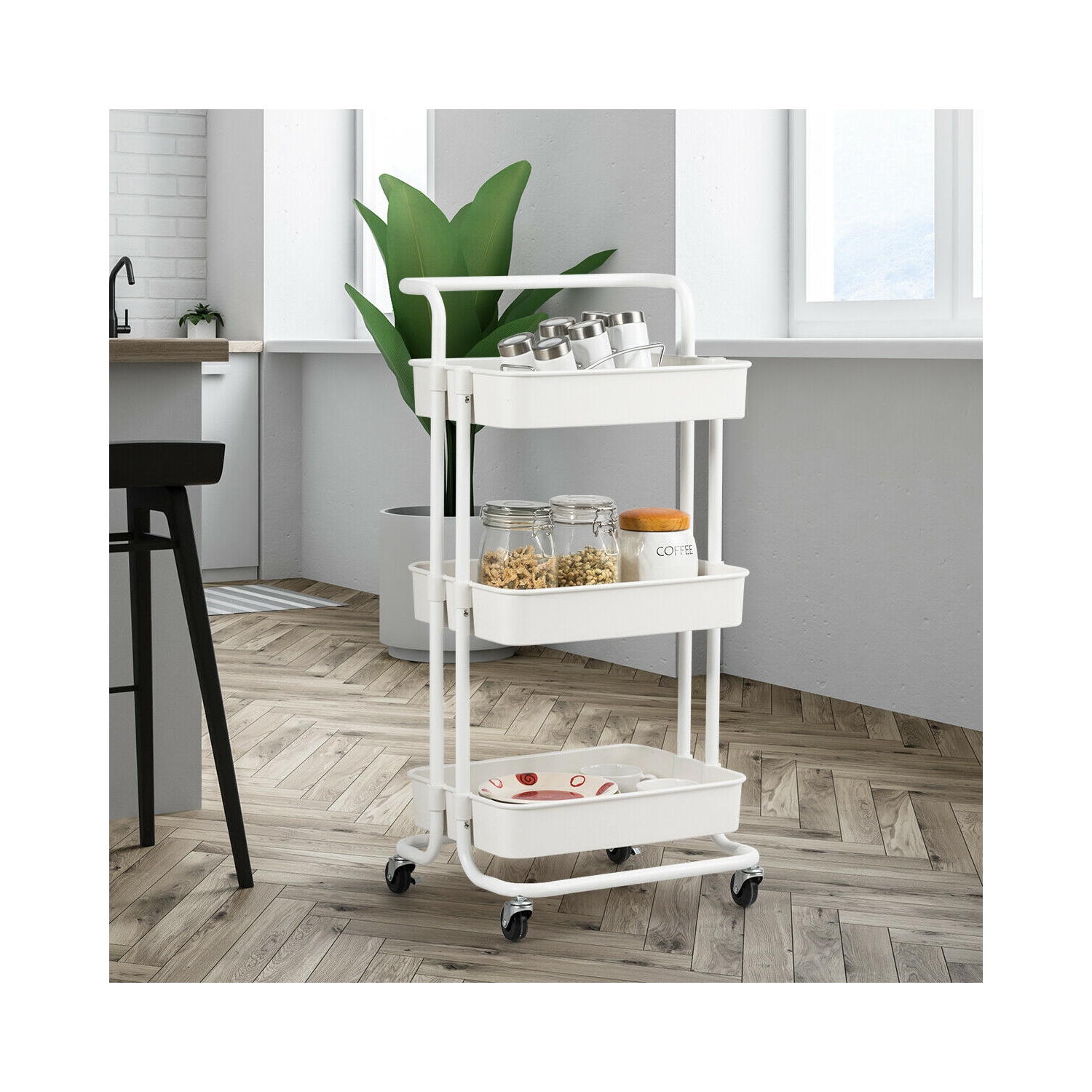 Gymax 3 Tier Rolling Cart W/Wheels Practical Handle&ABS Storage Basket Organizer White