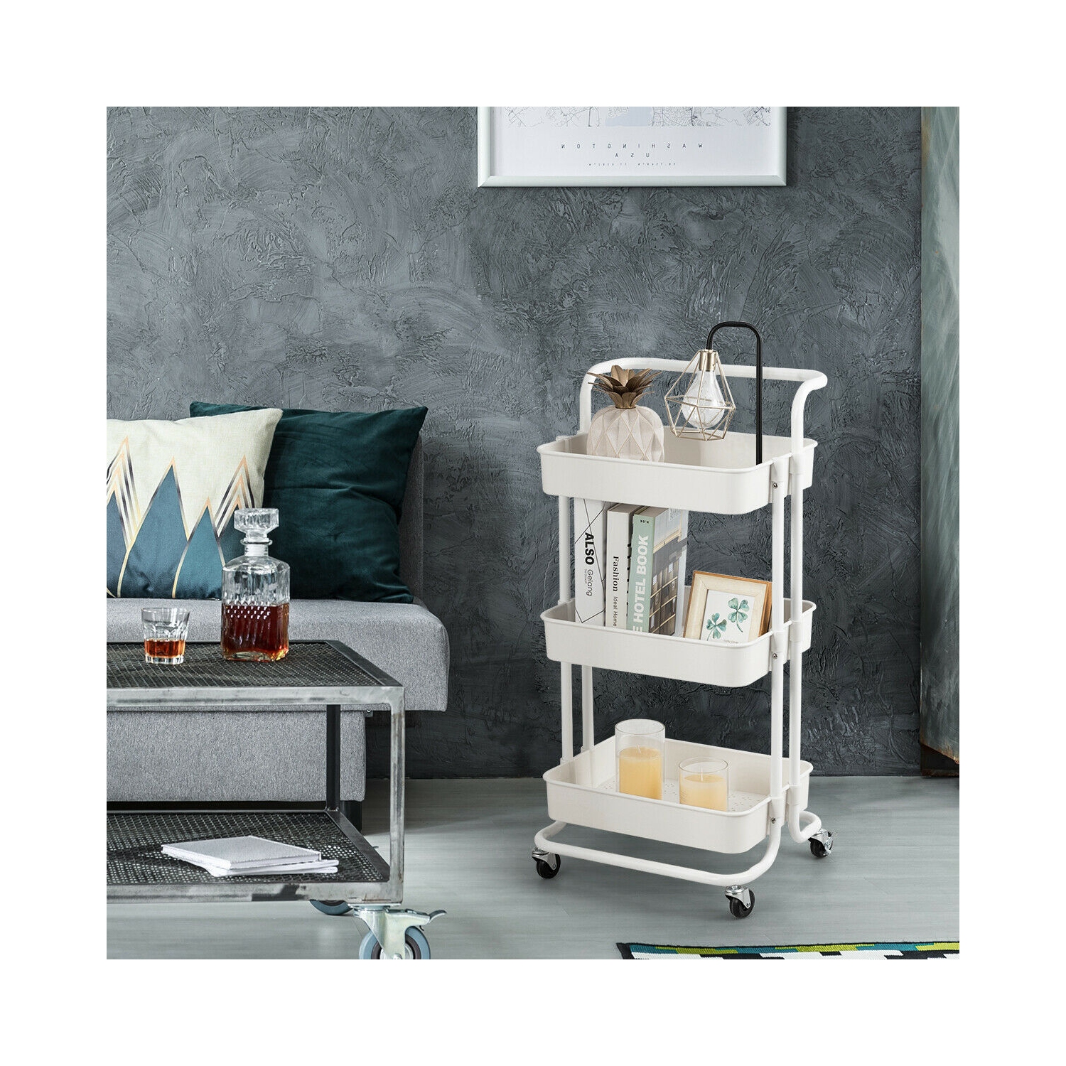 Gymax 3 Tier Rolling Cart W/Wheels Practical Handle&ABS Storage Basket Organizer White