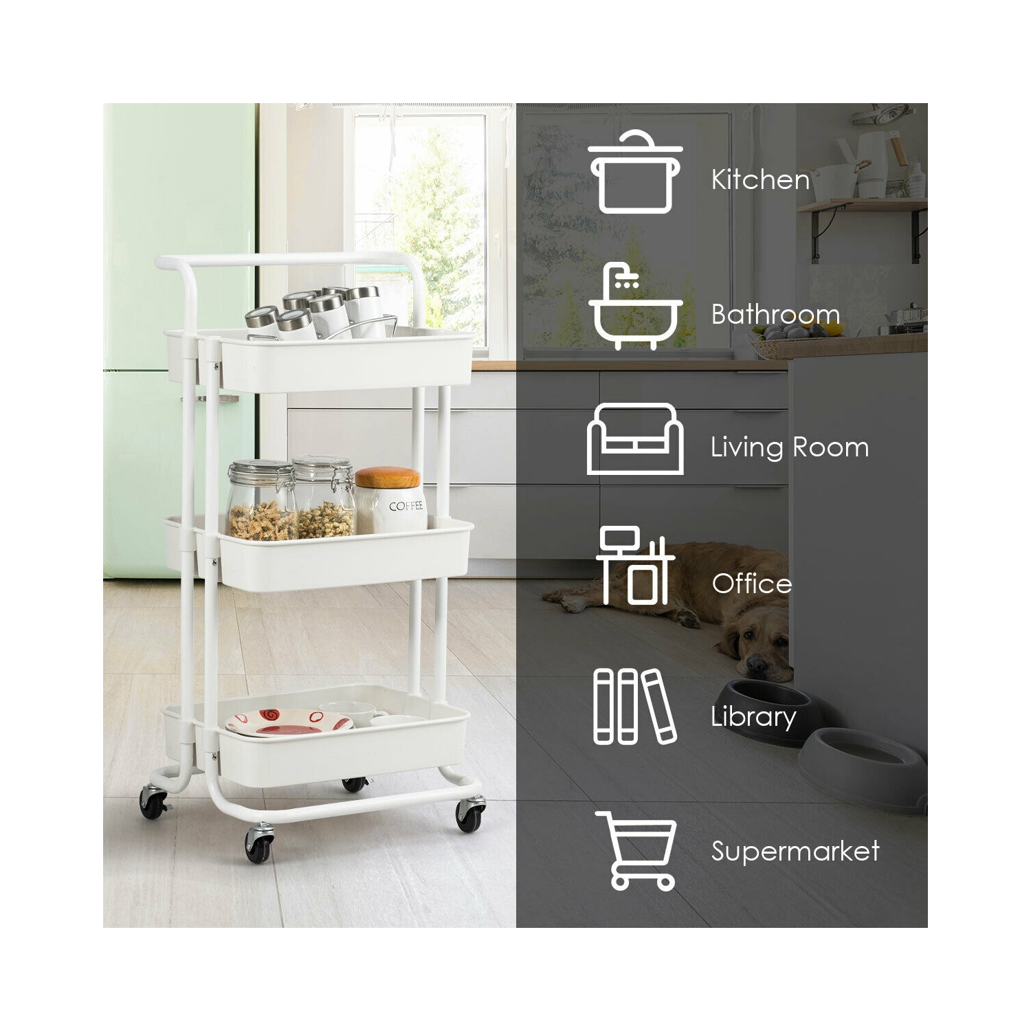 Gymax 3 Tier Rolling Cart W/Wheels Practical Handle&ABS Storage Basket Organizer White
