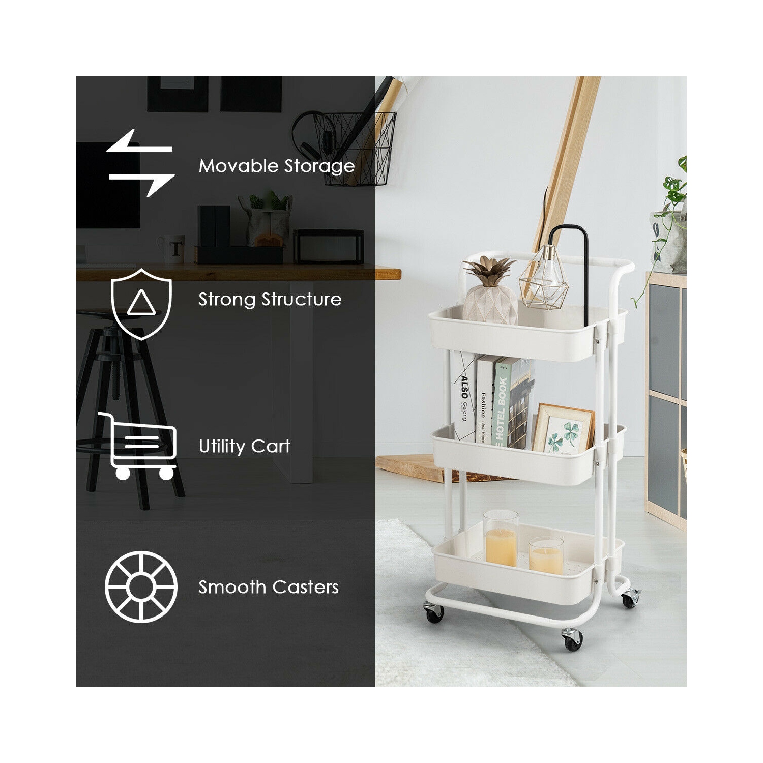Gymax 3 Tier Rolling Cart W/Wheels Practical Handle&ABS Storage Basket Organizer White