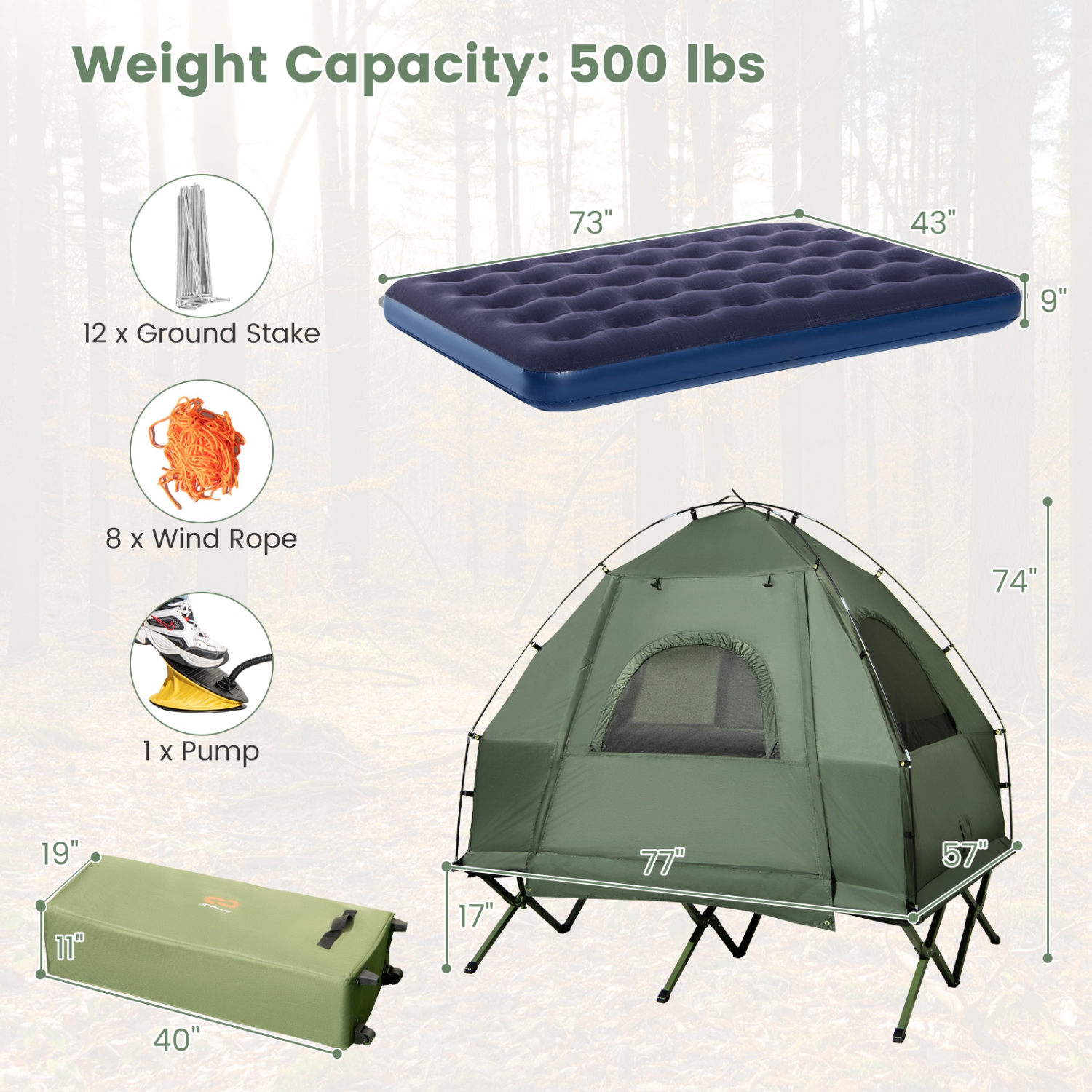 Gymax 2-Person Camping Tent Cot 5-in-1 Folding Camping Bed w/ Air Mattress Pillow Sleeping Bag