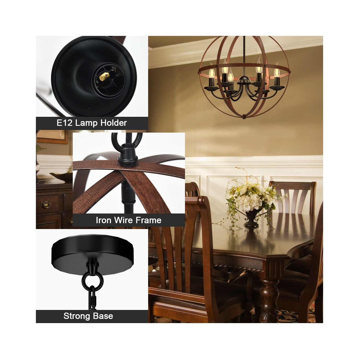 Gymax 6-Light Orb Chandelier Rustic Vintage Ceiling Lamp w/Bronze Finish Light Fixture