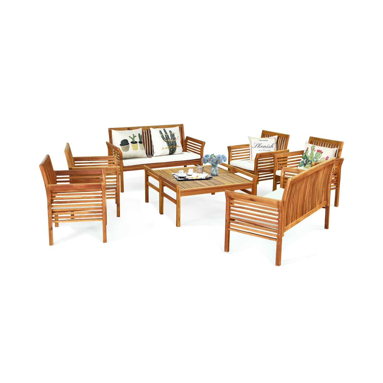 Gymax 8PCS Wooden Patio Conversation Set Outdoor Furniture Set w/ Cushion