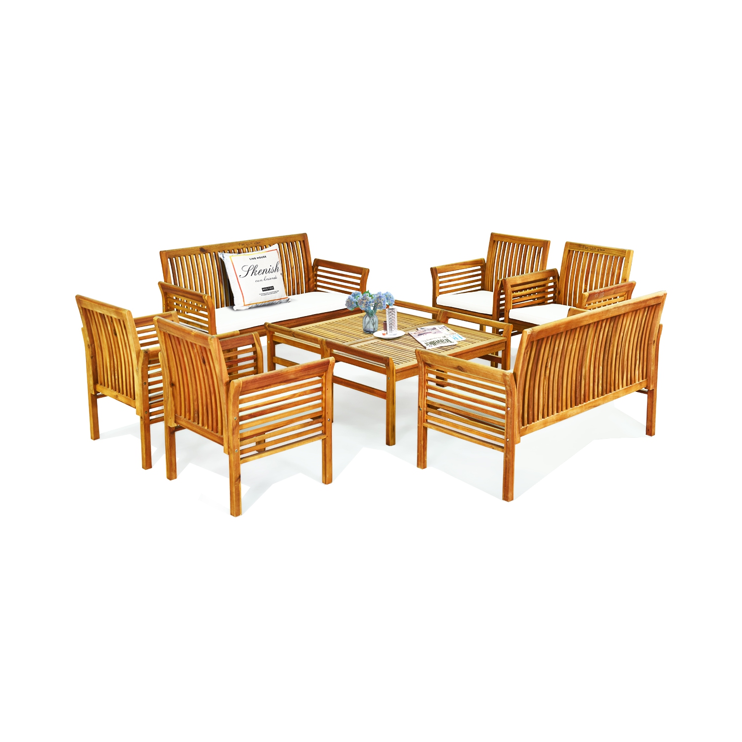 Gymax 8PCS Wooden Patio Conversation Set Outdoor Furniture Set w/ Cushion
