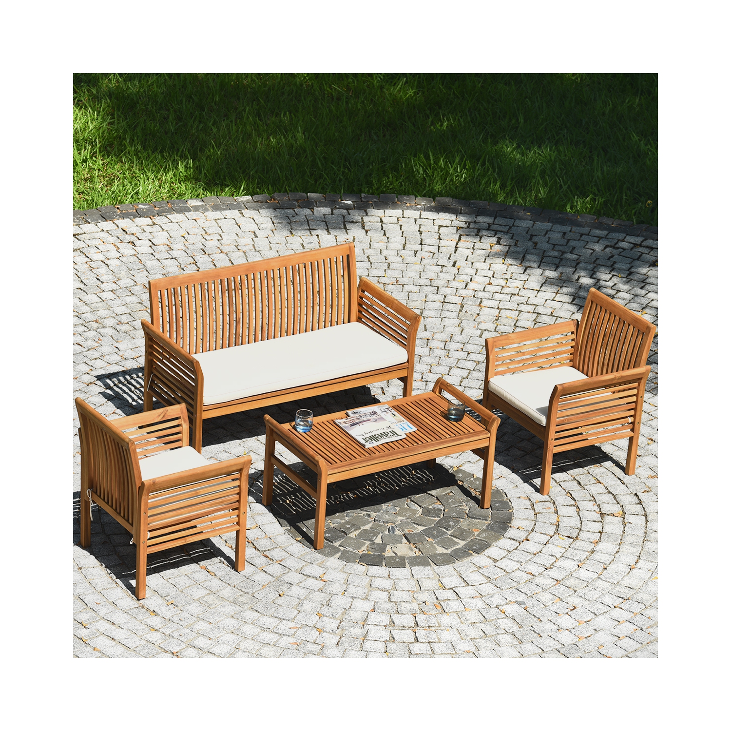Gymax 8PCS Wooden Patio Conversation Set Outdoor Furniture Set w/ Cushion