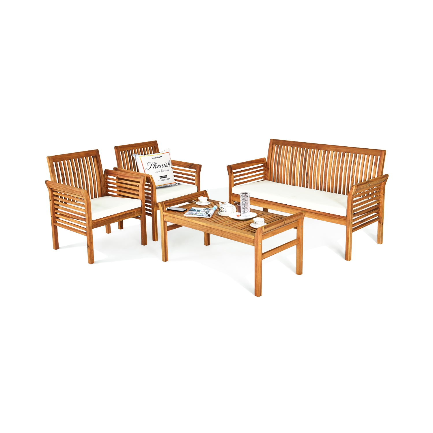Gymax 8PCS Wooden Patio Conversation Set Outdoor Furniture Set w/ Cushion