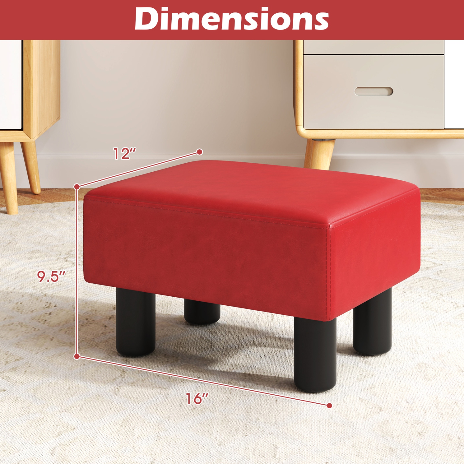 Gymax PU Leather Ottoman Rectangular Footrest Small Stool Black/Red/White