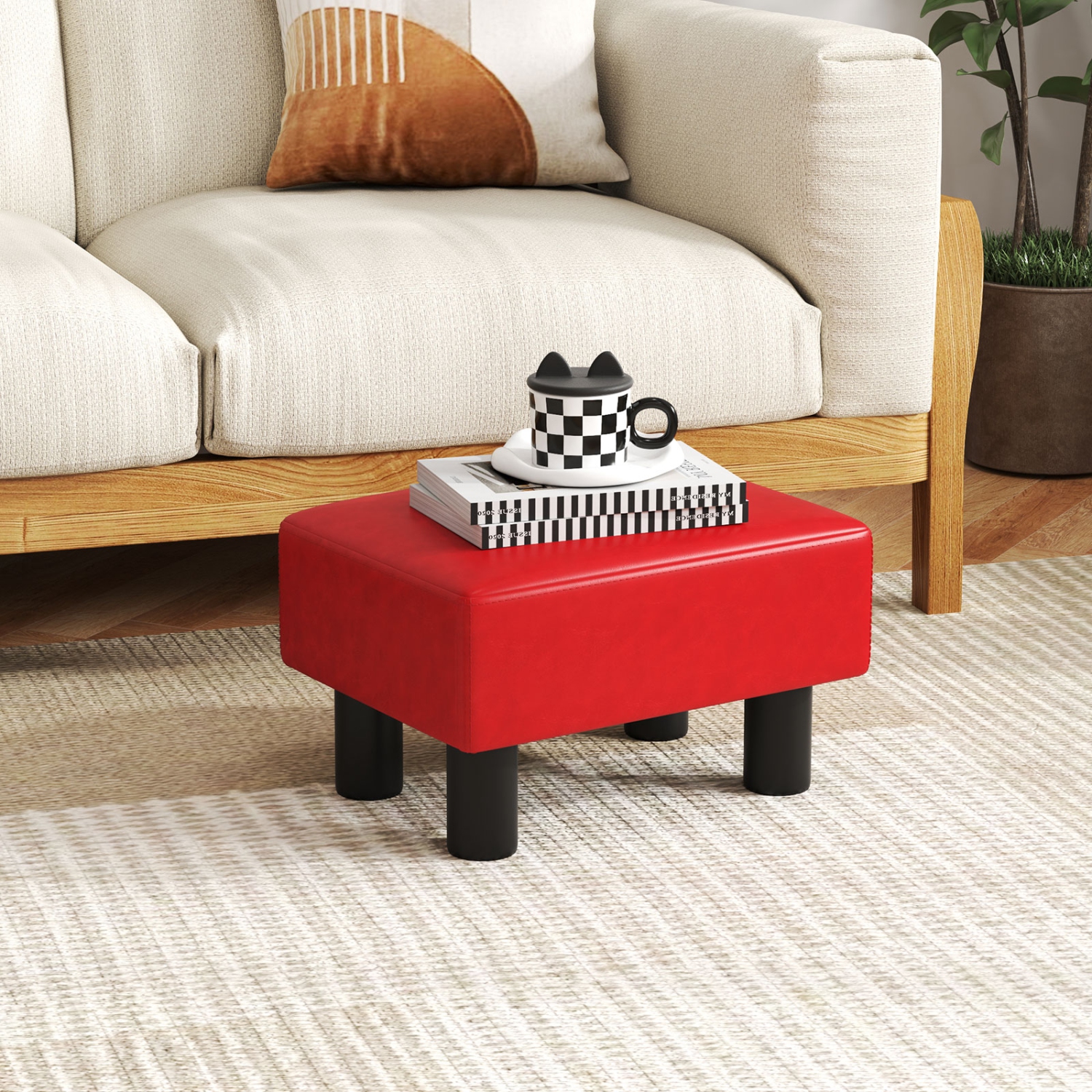 Gymax PU Leather Ottoman Rectangular Footrest Small Stool Black/Red/White
