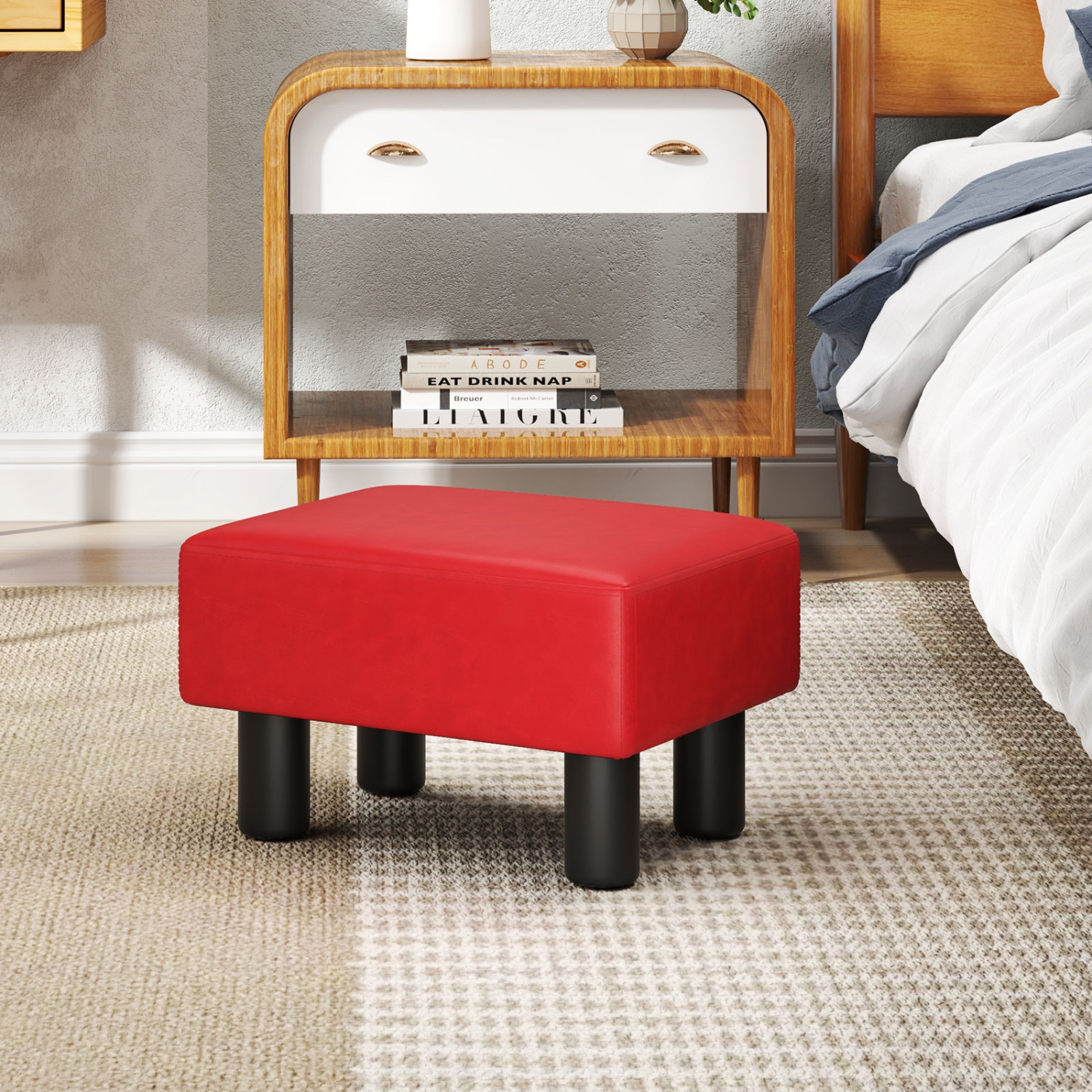 Gymax PU Leather Ottoman Rectangular Footrest Small Stool Black/Red/White