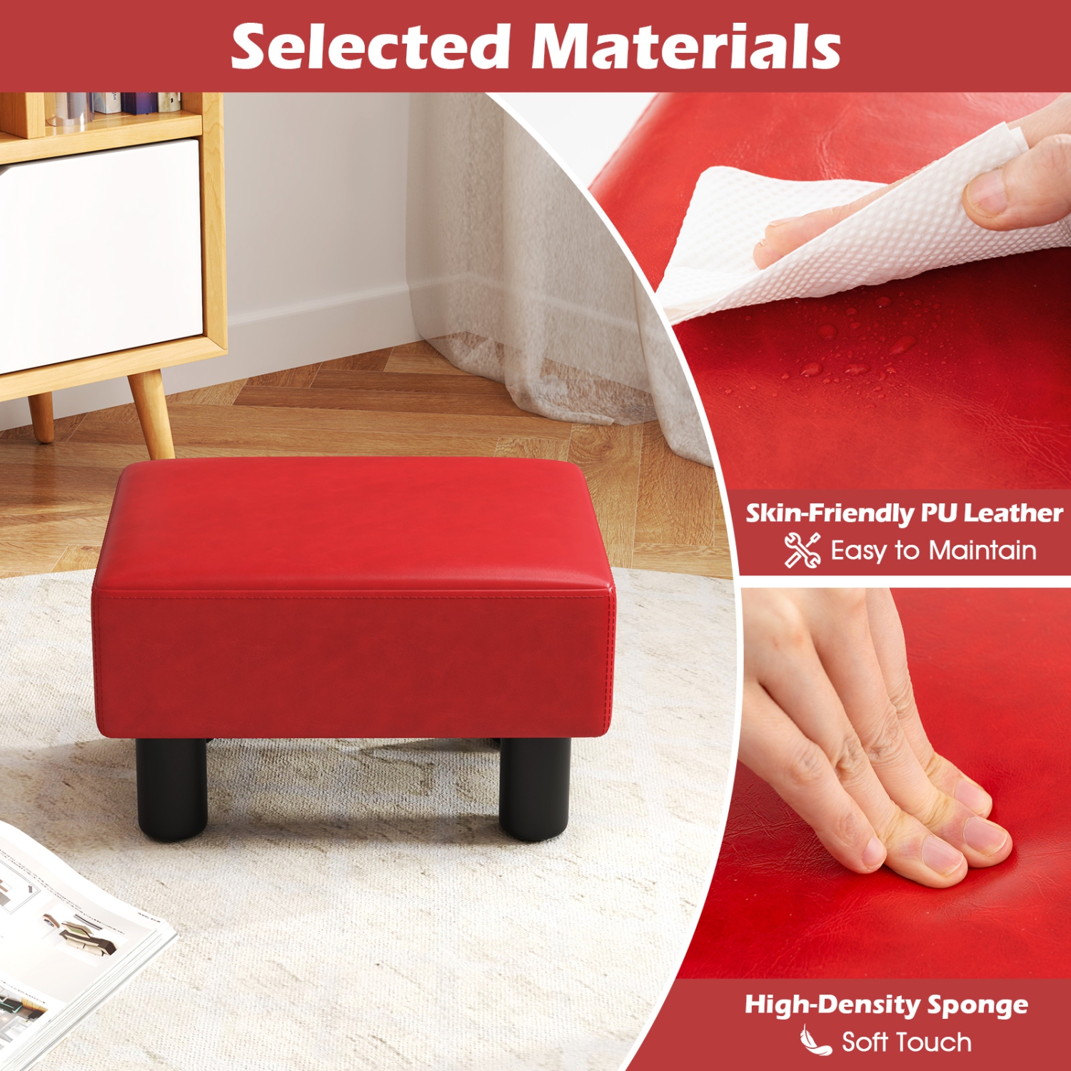 Gymax PU Leather Ottoman Rectangular Footrest Small Stool Black/Red/White
