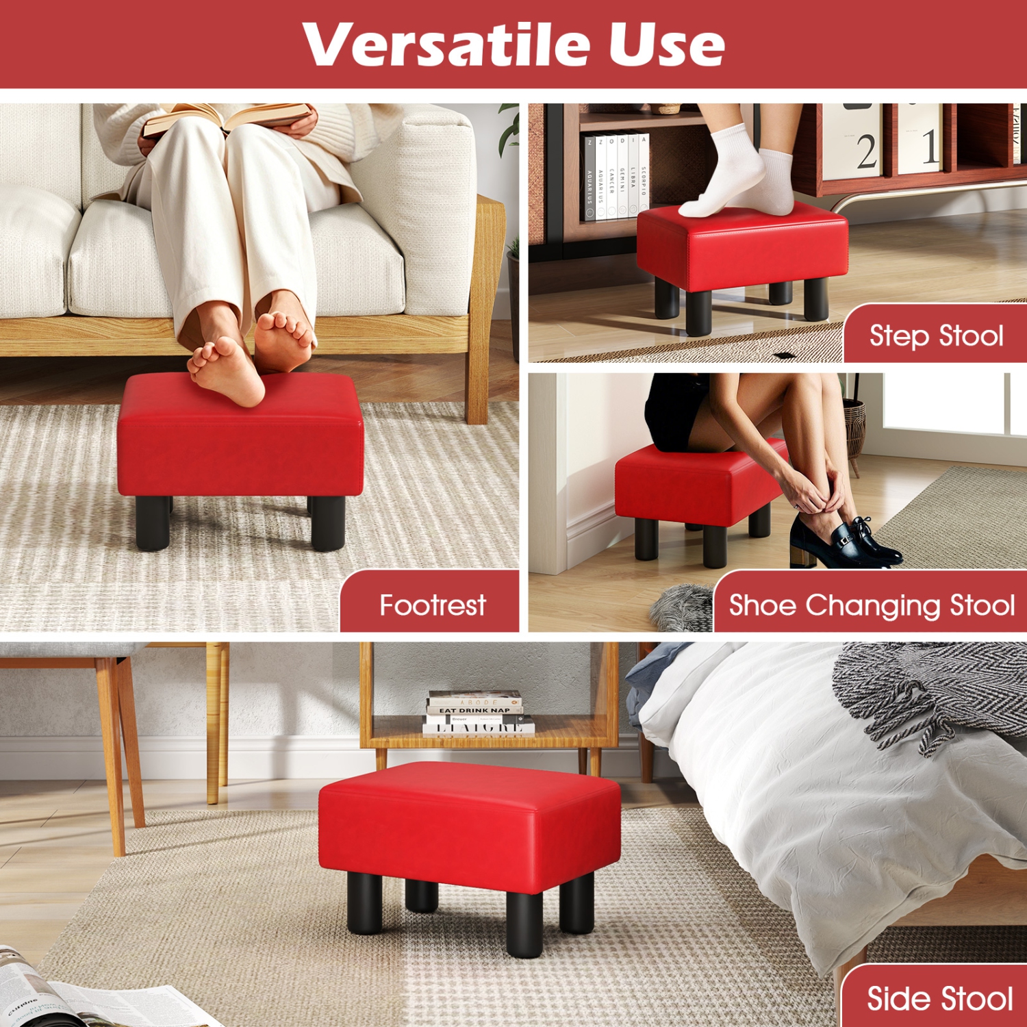 Gymax PU Leather Ottoman Rectangular Footrest Small Stool Black/Red/White