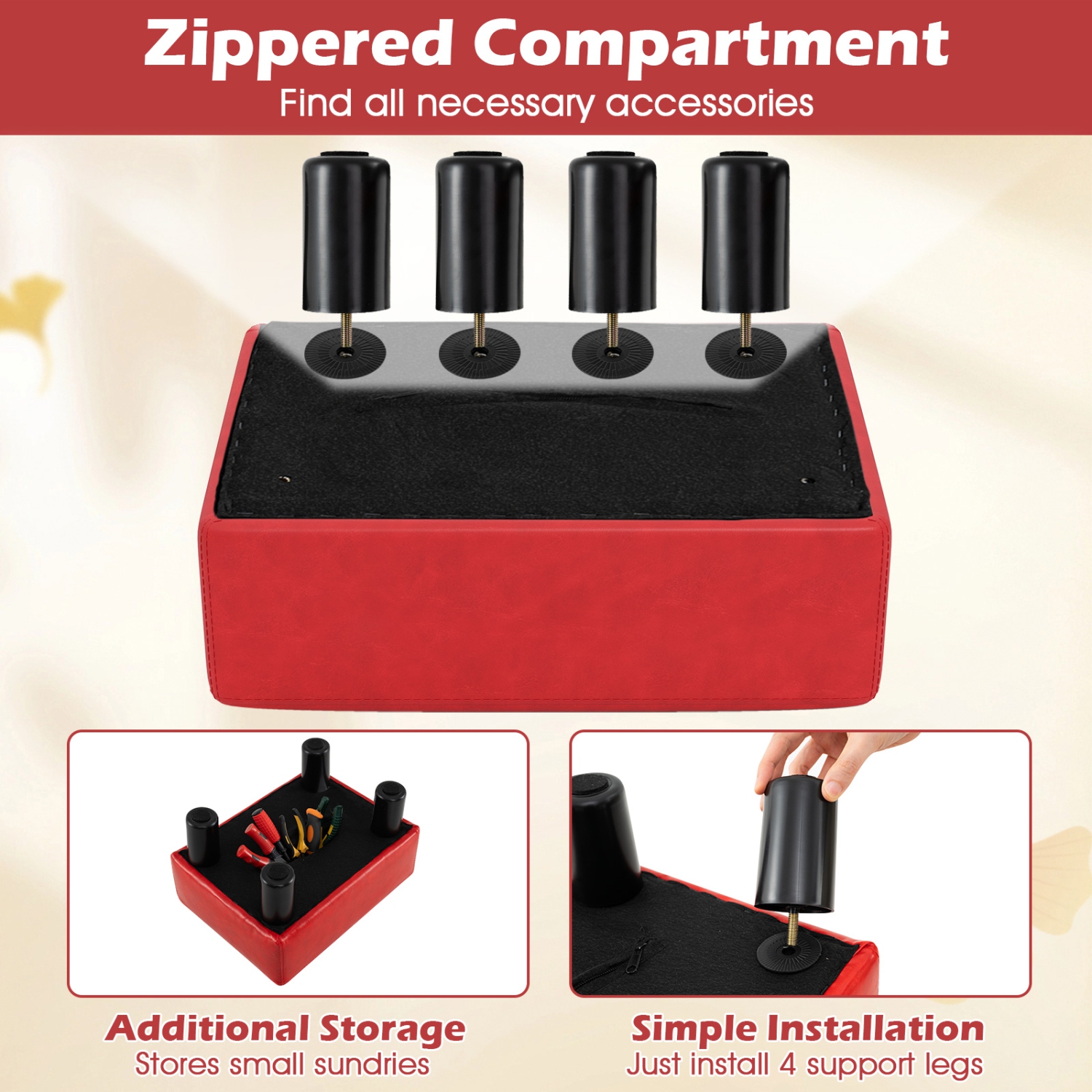 Gymax PU Leather Ottoman Rectangular Footrest Small Stool Black/Red/White