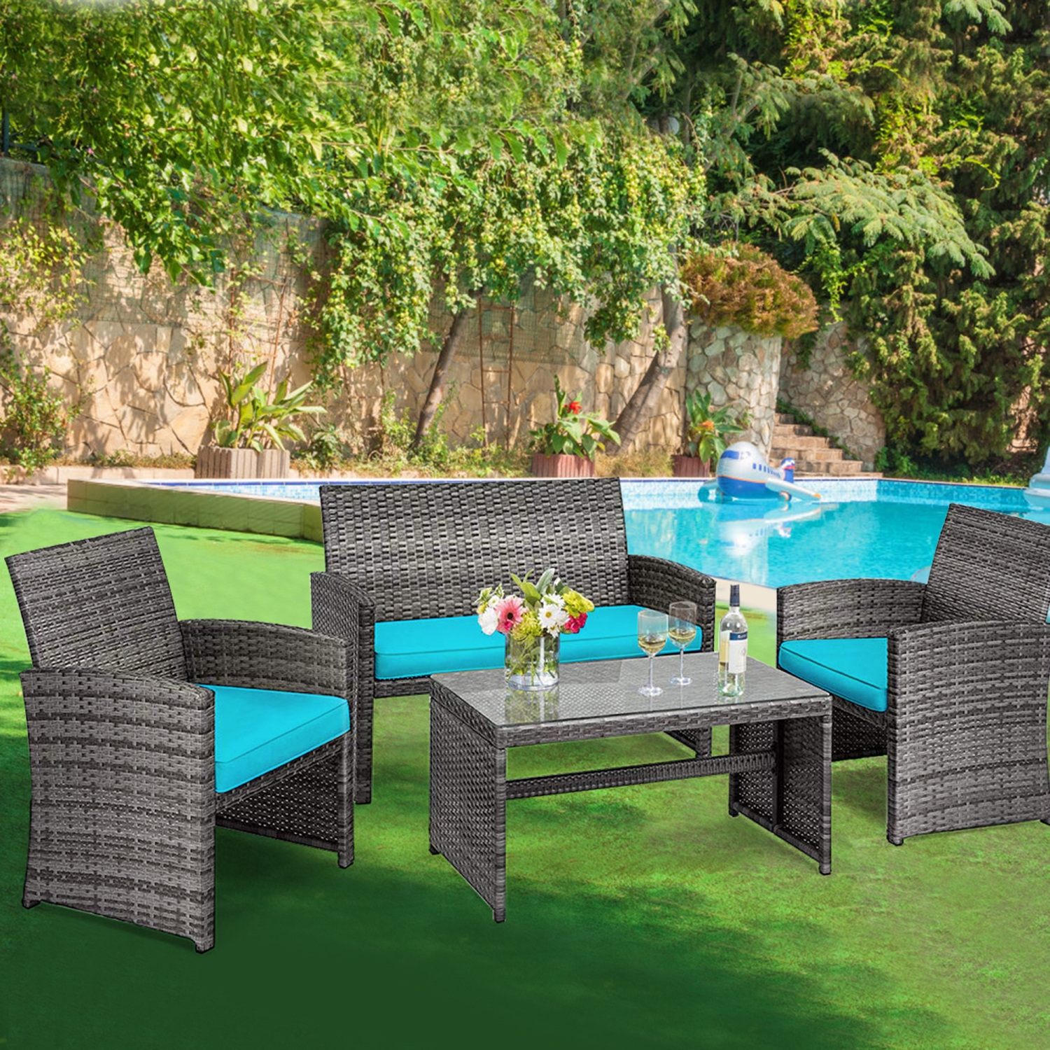 Gymax 8PCS Patio Outdoor Rattan Conversation Furniture Set w/ Turquoise Cushion