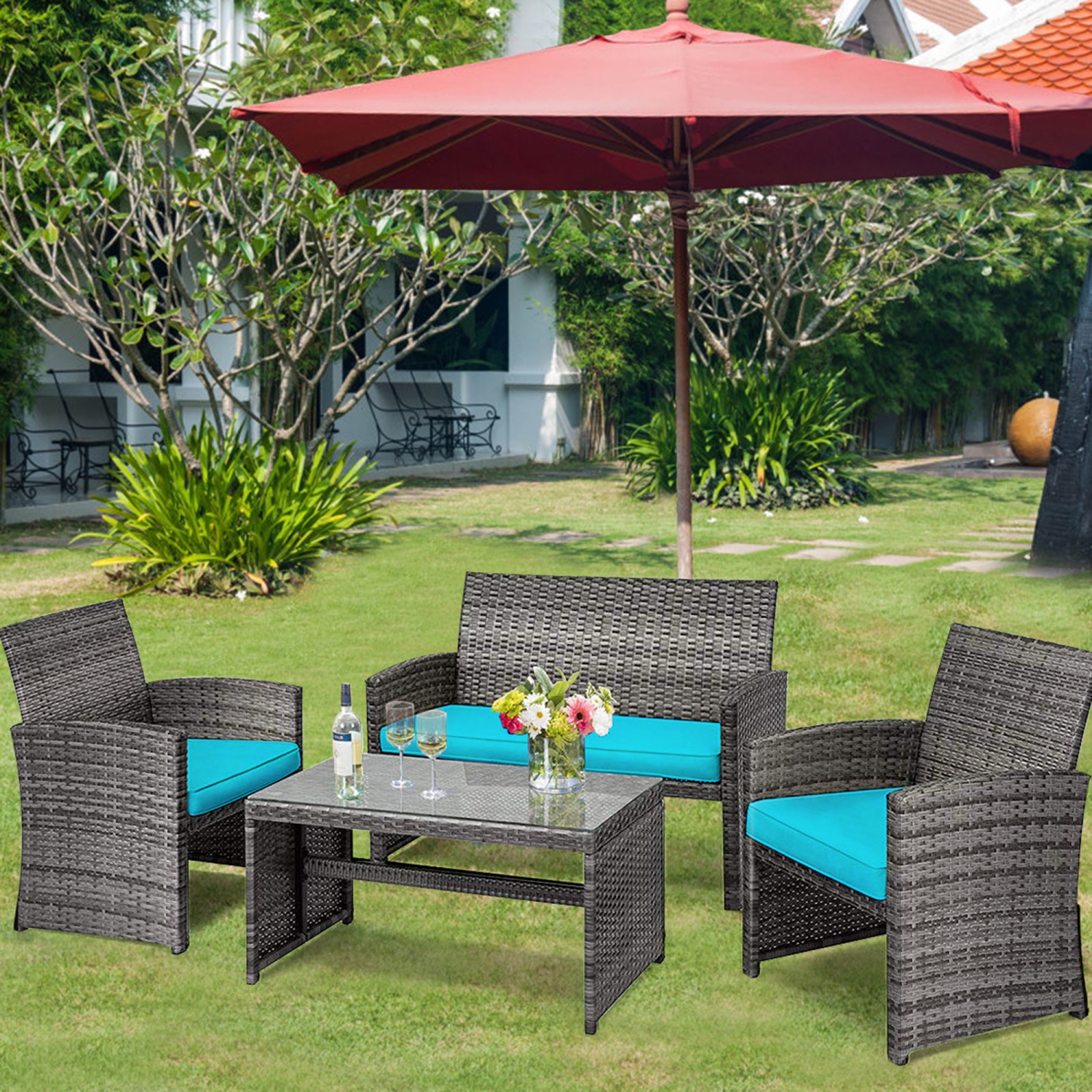 Gymax 8PCS Patio Outdoor Rattan Conversation Furniture Set w/ Turquoise Cushion