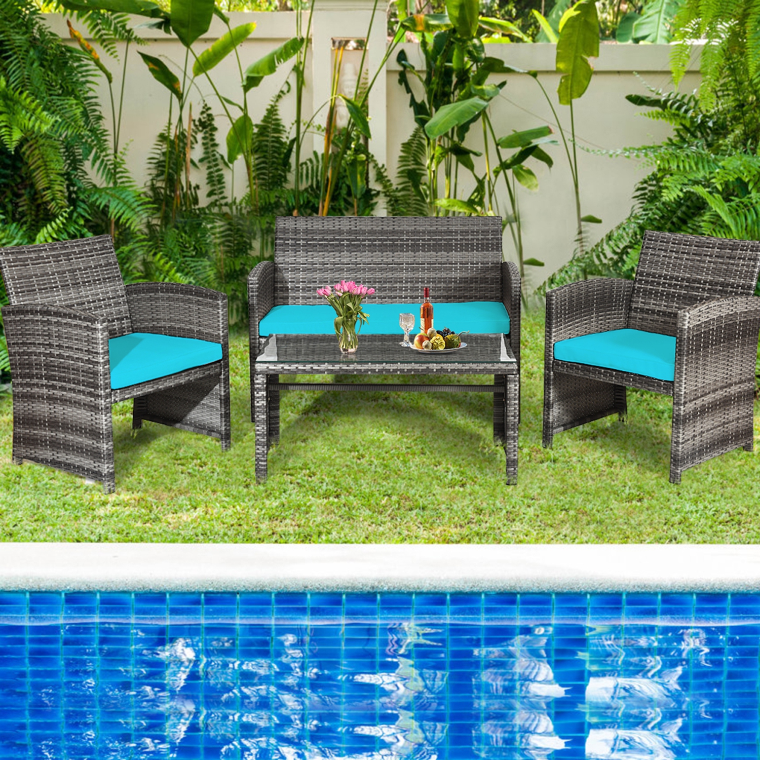 Gymax 8PCS Patio Outdoor Rattan Conversation Furniture Set w/ Turquoise Cushion