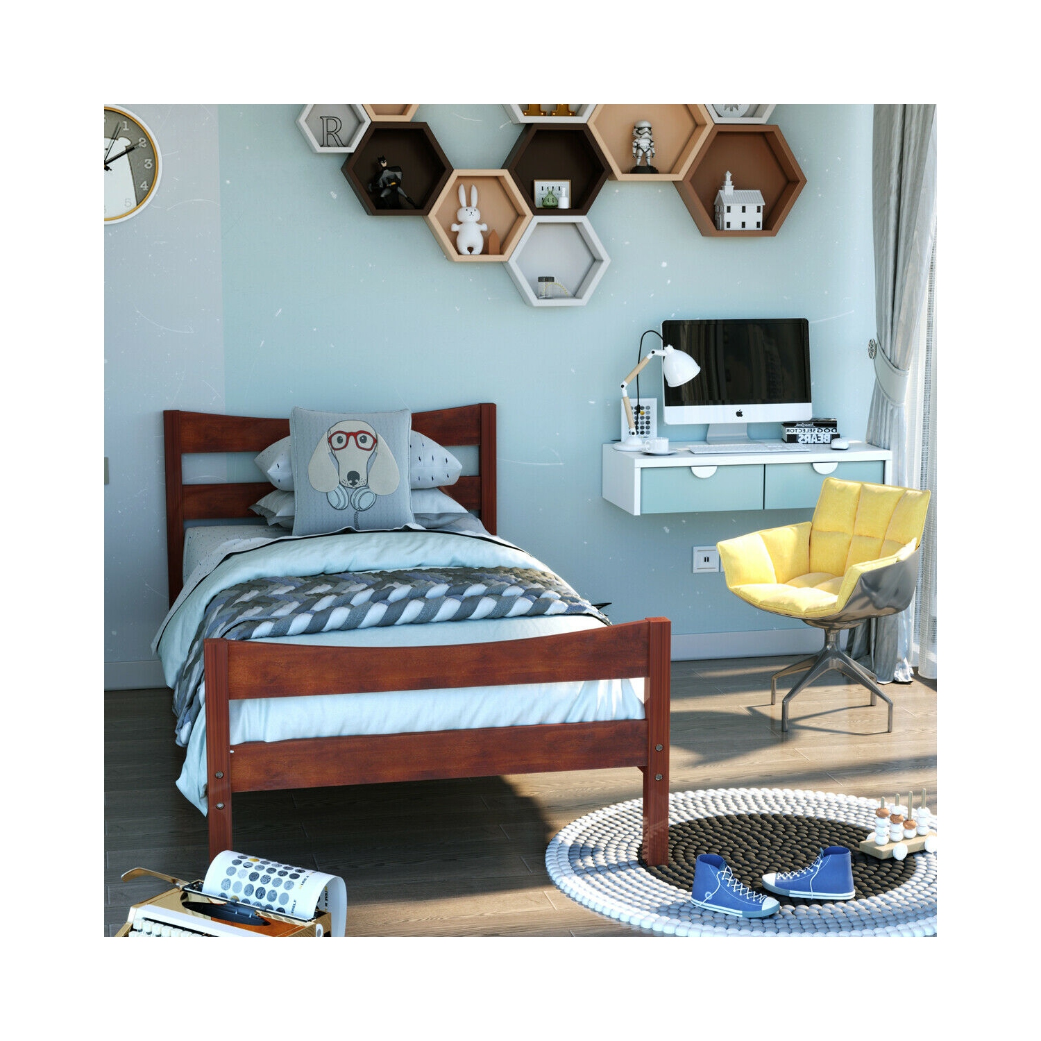 Gymax Twin Size Platform Bed Frame Foundation w/Headboard &Wood Slat Support Walnut