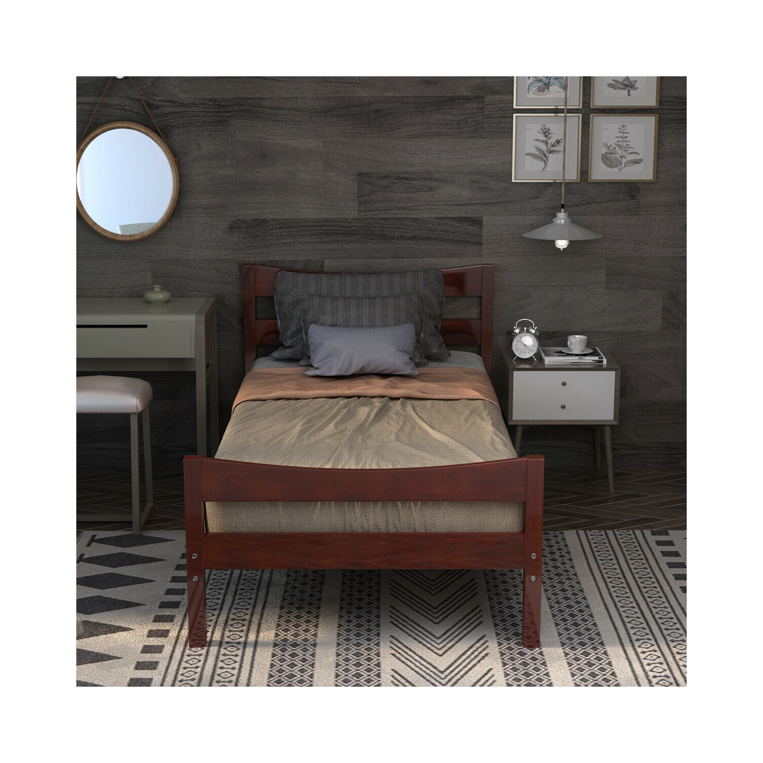 Gymax Twin Size Platform Bed Frame Foundation w/Headboard &Wood Slat Support Walnut