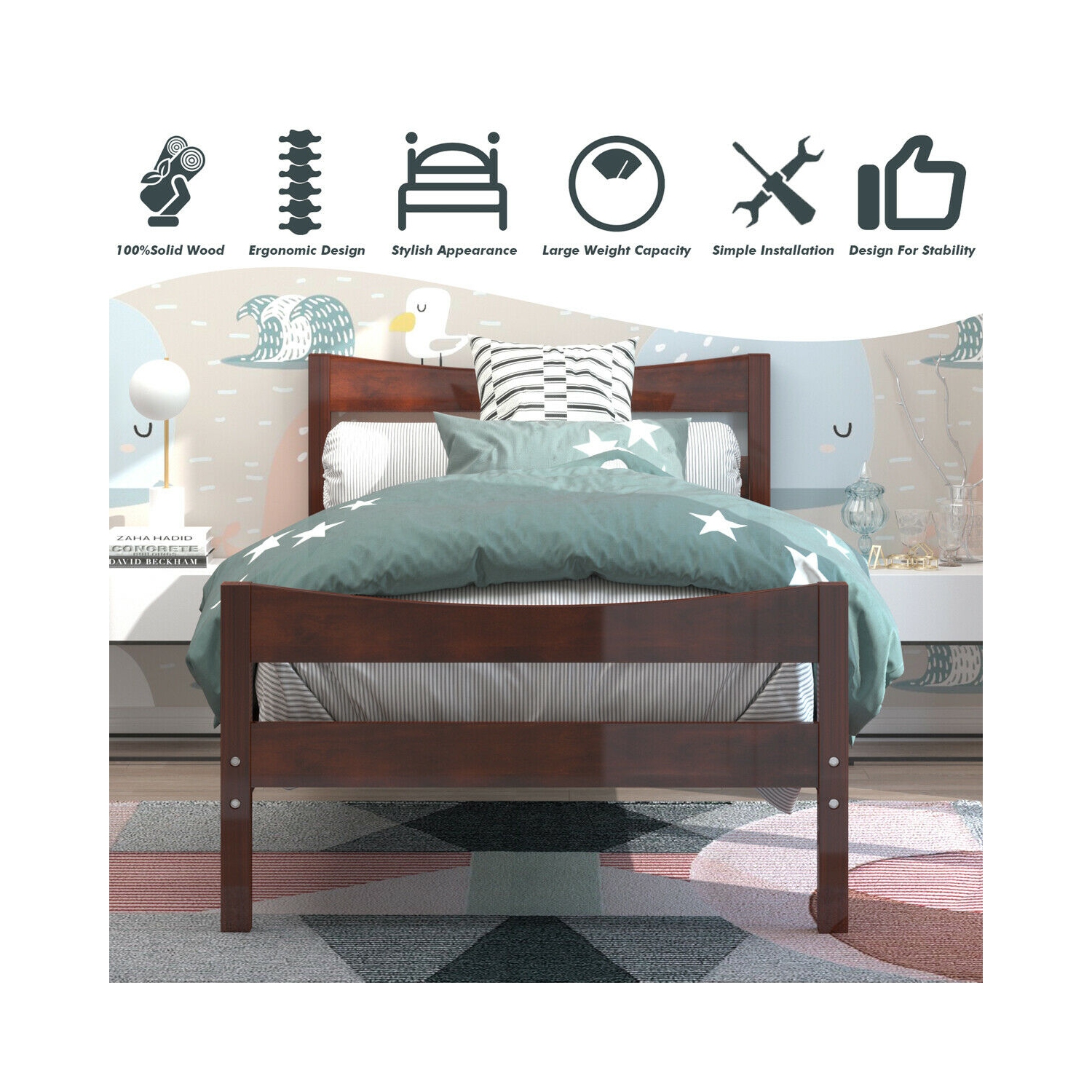 Gymax Twin Size Platform Bed Frame Foundation w/Headboard &Wood Slat Support Walnut