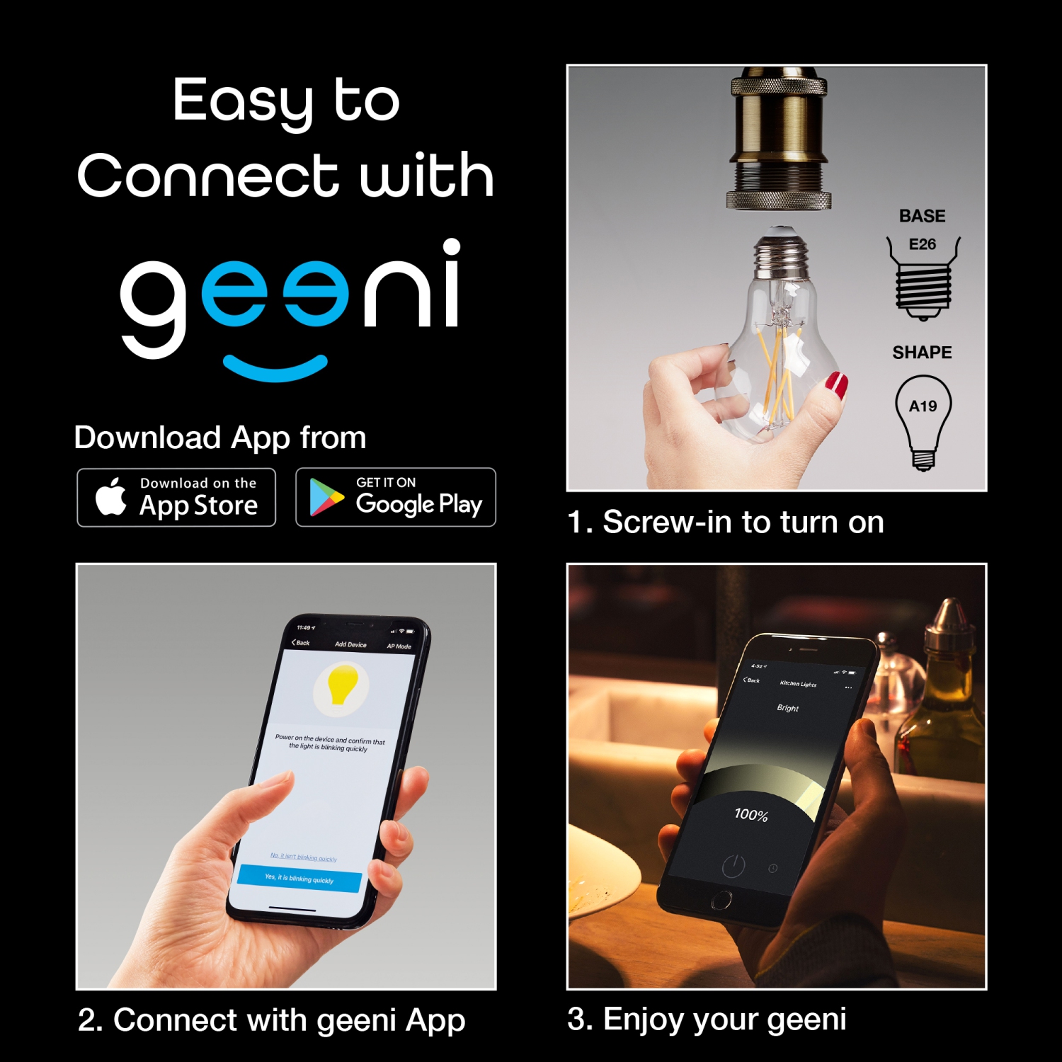 Geeni LUX EDISON 60W Equivalent White Dimmable A19 Smart LED Bulb
