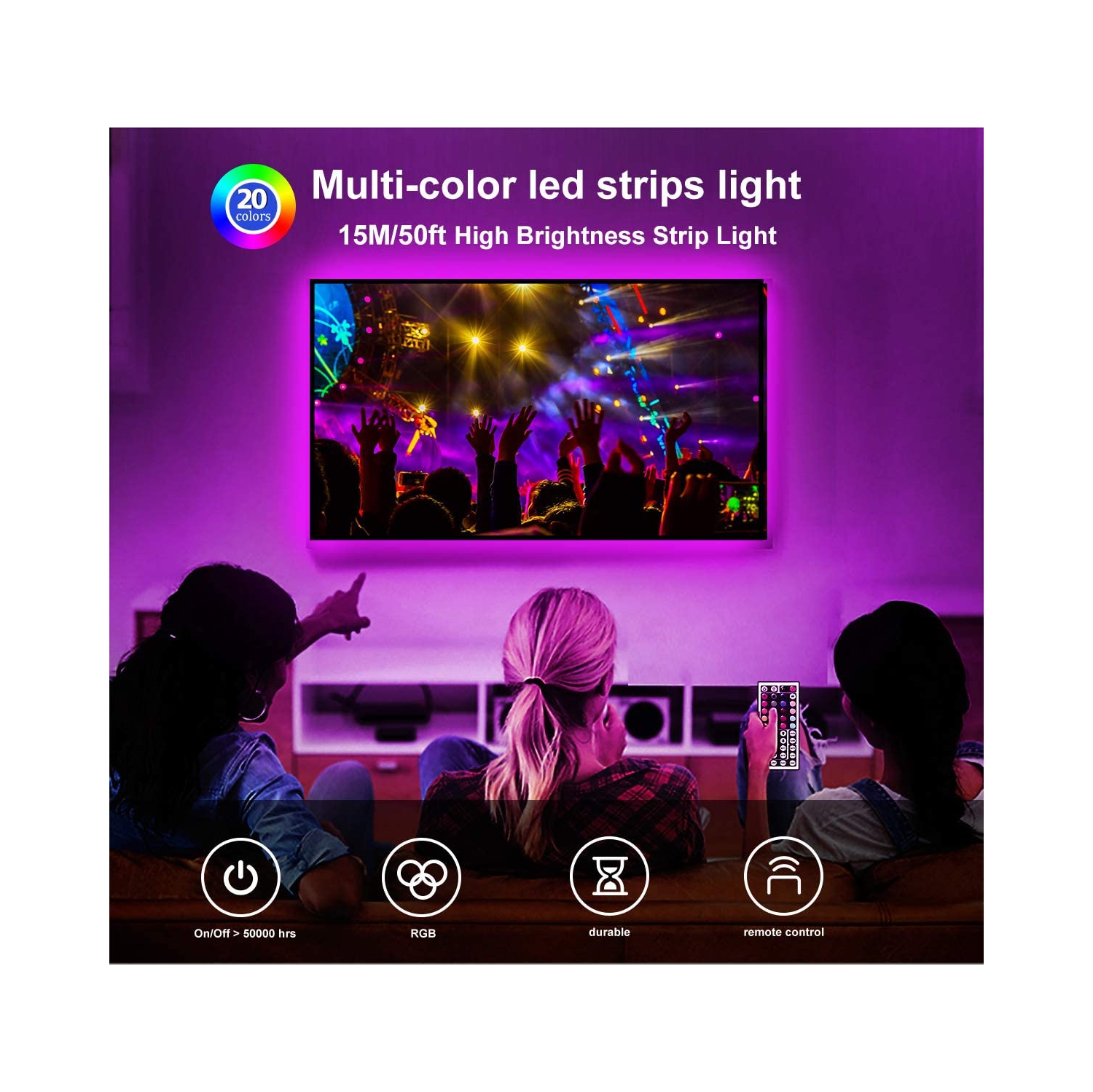 ISTAR Bias LED Lighting Strip 32.8ft, RGB Color Changing LED RGB Light for Home, Kitchen, Room, Bedroom, Dorm Room, Bar, with IR Remote Control +