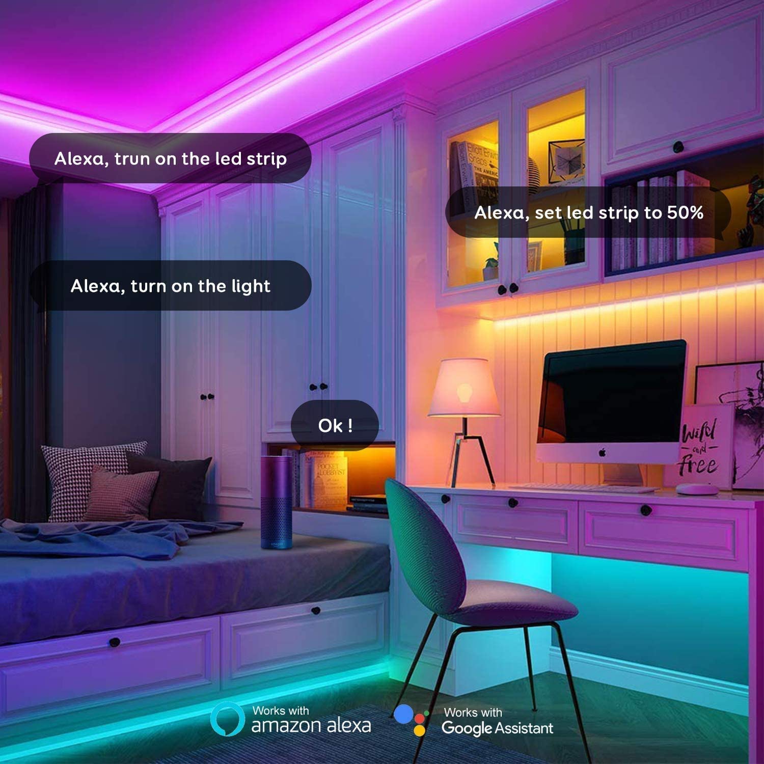 32.8ft WiFi Smart LED Strip Lights avec App Control Gaming Night Light pour la décoration de la chambre TV Plafond Armoires de cuisine Party