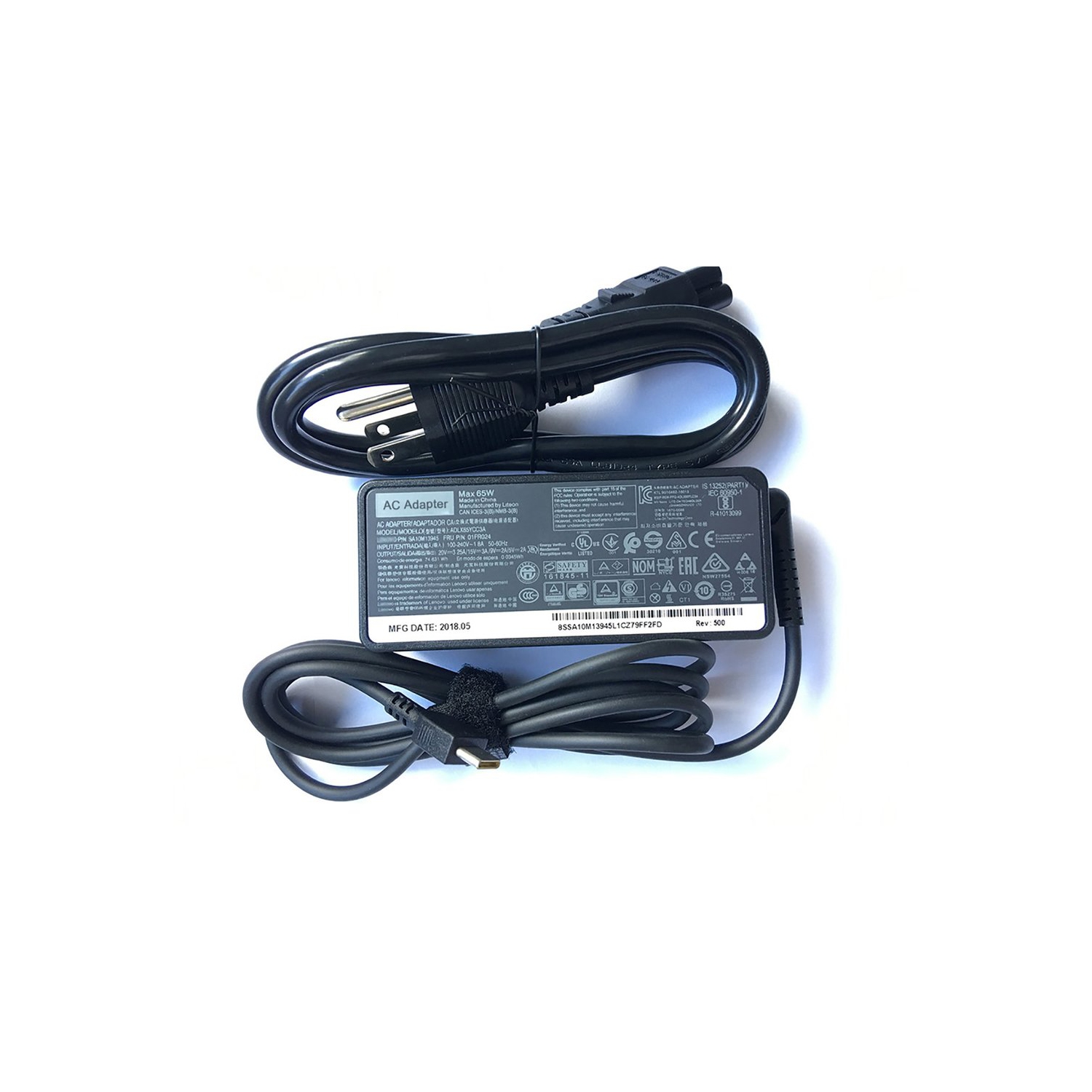 New Genuine Lenovo ac adapter charger 65W Type-C with power cord. Voltage: 5V/9V/12V/15V/20V; Current: 2A/3A/3.25; Connector: USB-C TYPE-C