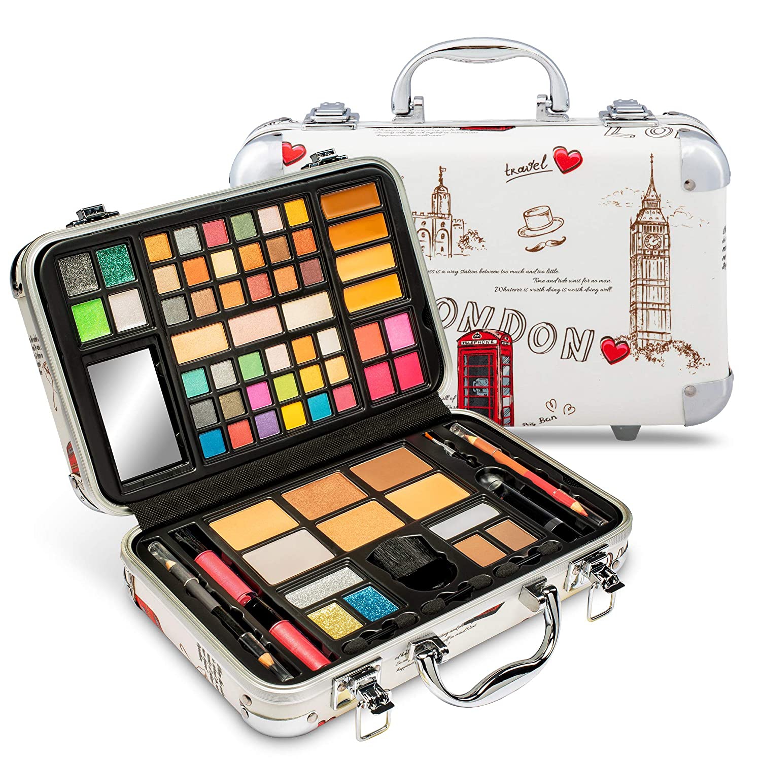 Vokai Makeup Kit Gift Set - London Travel Case 41 Eye Shadows 4 Blushes 5 Bronzers 7 Body Glitters 1 Lip Liner Pencil 1 Eye Liner Pencil 2 Lip Gloss