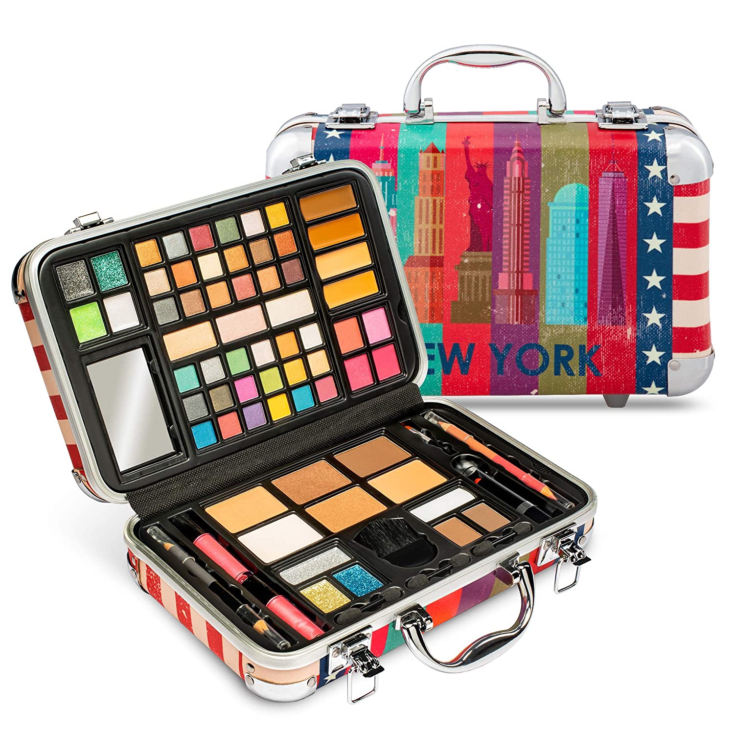 Vokai Makeup Kit Gift Set - New York Travel Case 41 Eye Shadows 4 Blushes 5 Bronzers 7 Body Glitters 1 Lip Liner Pencil 1 Eye Liner Pencil 2 Lip