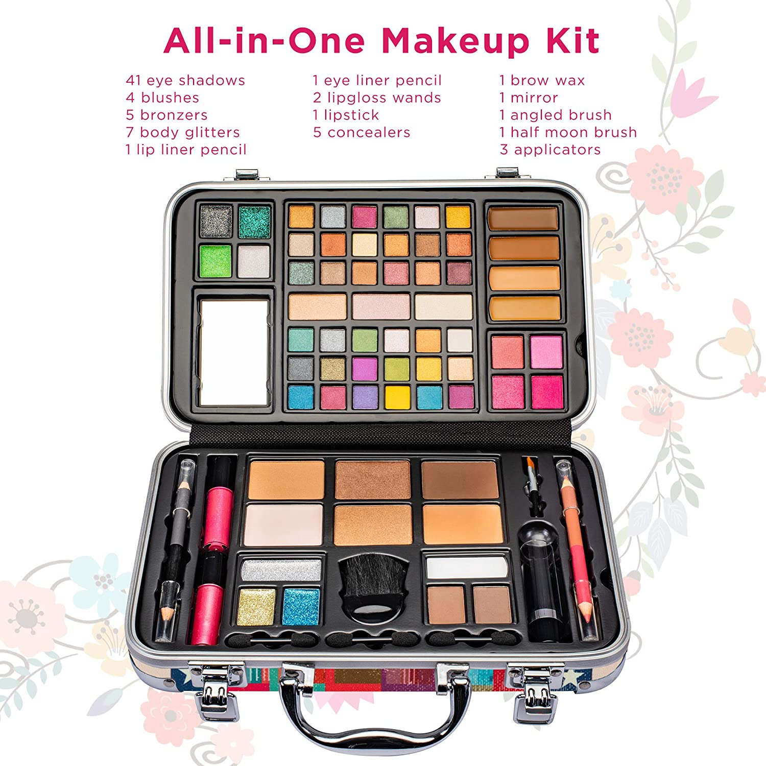 Vokai Makeup Kit Gift Set - New York Travel Case 41 Eye Shadows 4 Blushes 5 Bronzers 7 Body Glitters 1 Lip Liner Pencil 1 Eye Liner Pencil 2 Lip
