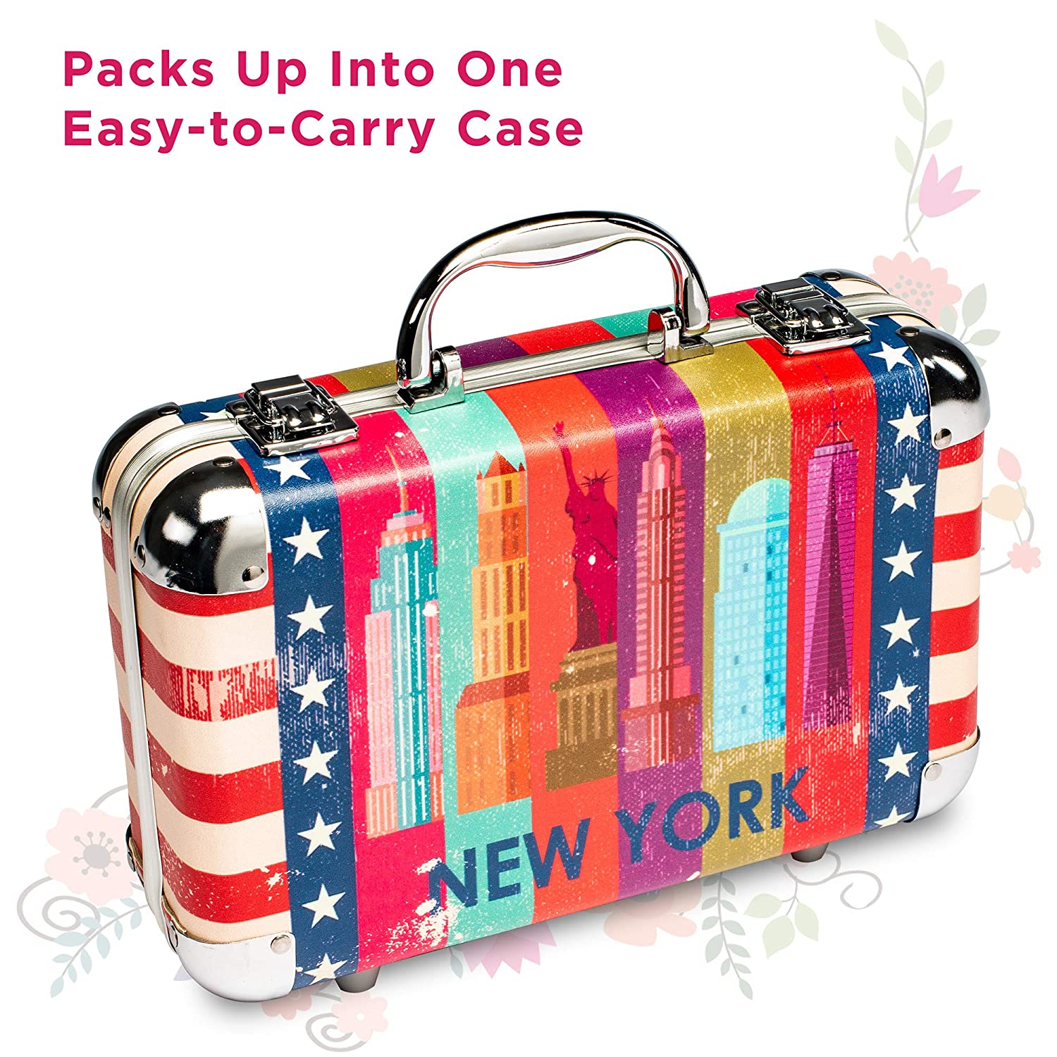 Vokai Makeup Kit Gift Set - New York Travel Case 41 Eye Shadows 4 Blushes 5 Bronzers 7 Body Glitters 1 Lip Liner Pencil 1 Eye Liner Pencil 2 Lip