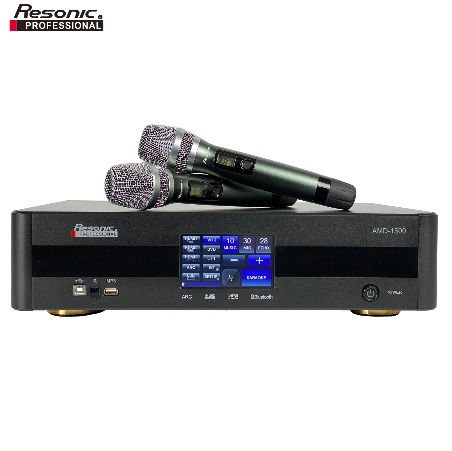 Amplificateur de karaoké à TECHNOLOGIE REVERB, HD ECHO et ECHO AMD-1500 de 1500 W, HDMI 4K et deux microphones sans fil intégrés