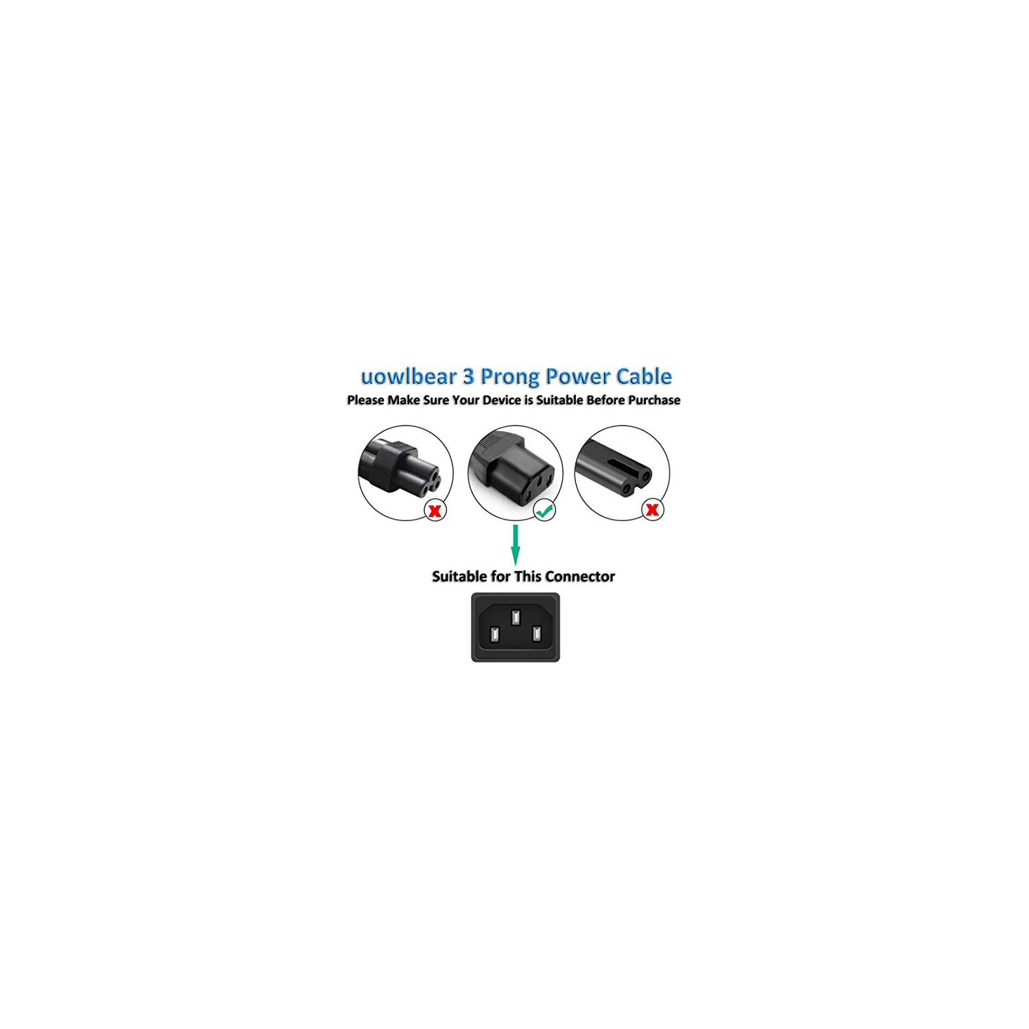 uowlbear 1.8M Power Cord, 3 Prong Power Cable for Computer, Printer, Power AC Adapter, LCD TV, PC Monitor, Rice Cooker,