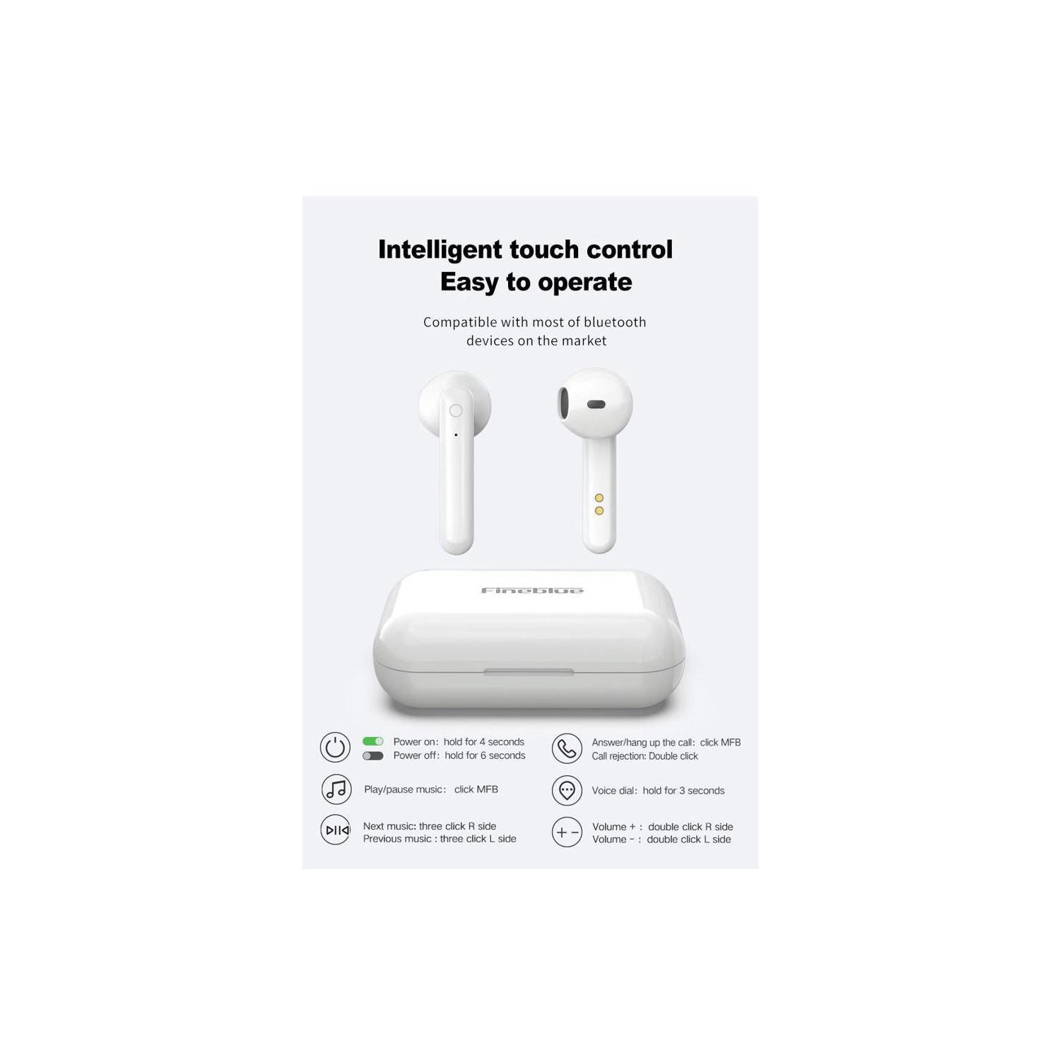 Fineblue J10 TWS Bluetooth Earphone V5.0 3d Stereo | True Wireless Earbuds | Touch control | Earpiece music volume control