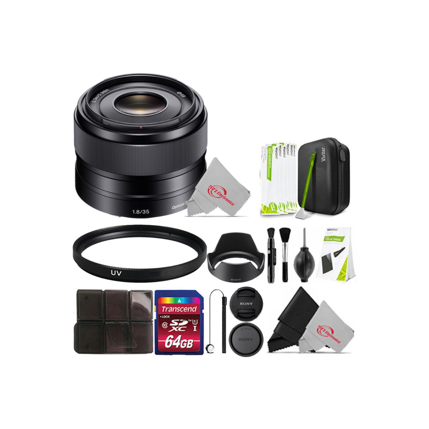 Sony E Mount 35mm f/1.8 OSS Lens + UV Filter + 64GB Memory Card + Holder + Lens Cap Holer + Professional Cleaning Kit