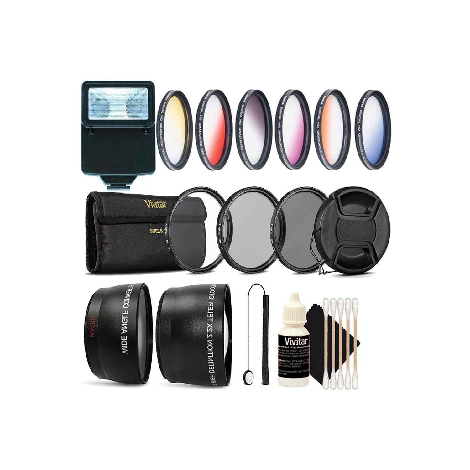 Colored Filter Kit Lens Cap 3pc Cleaning Kit Tulip Lens Hood Wide Angle Lens & Telephoto Lens Kit for 58mm Slave Flash Lens Cap Holder 