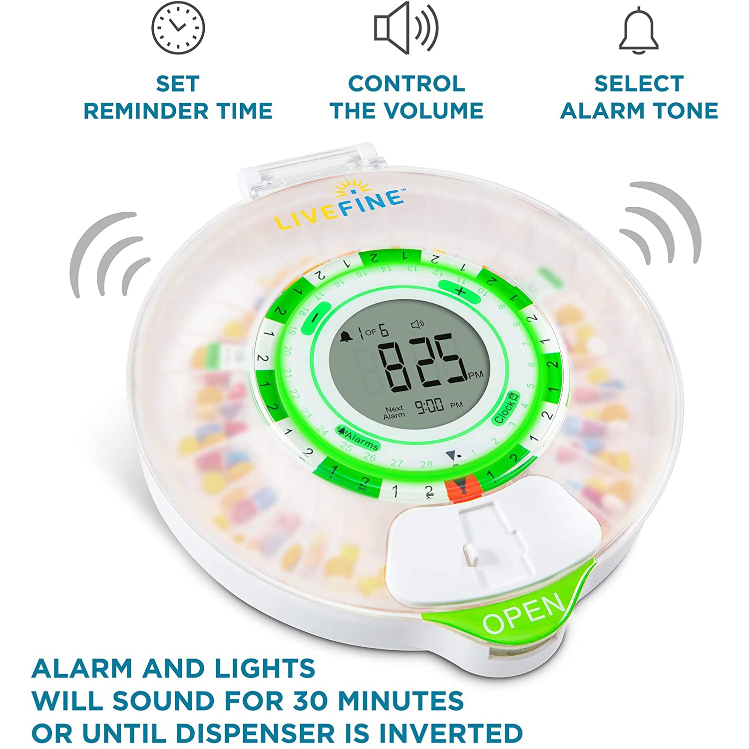 LiveFine 28-Day Automatic Pill Dispenser with Upgraded LCD Display, Key Lock, Sound & Light for Prescriptions, Medication, Vitamins, Supplements &