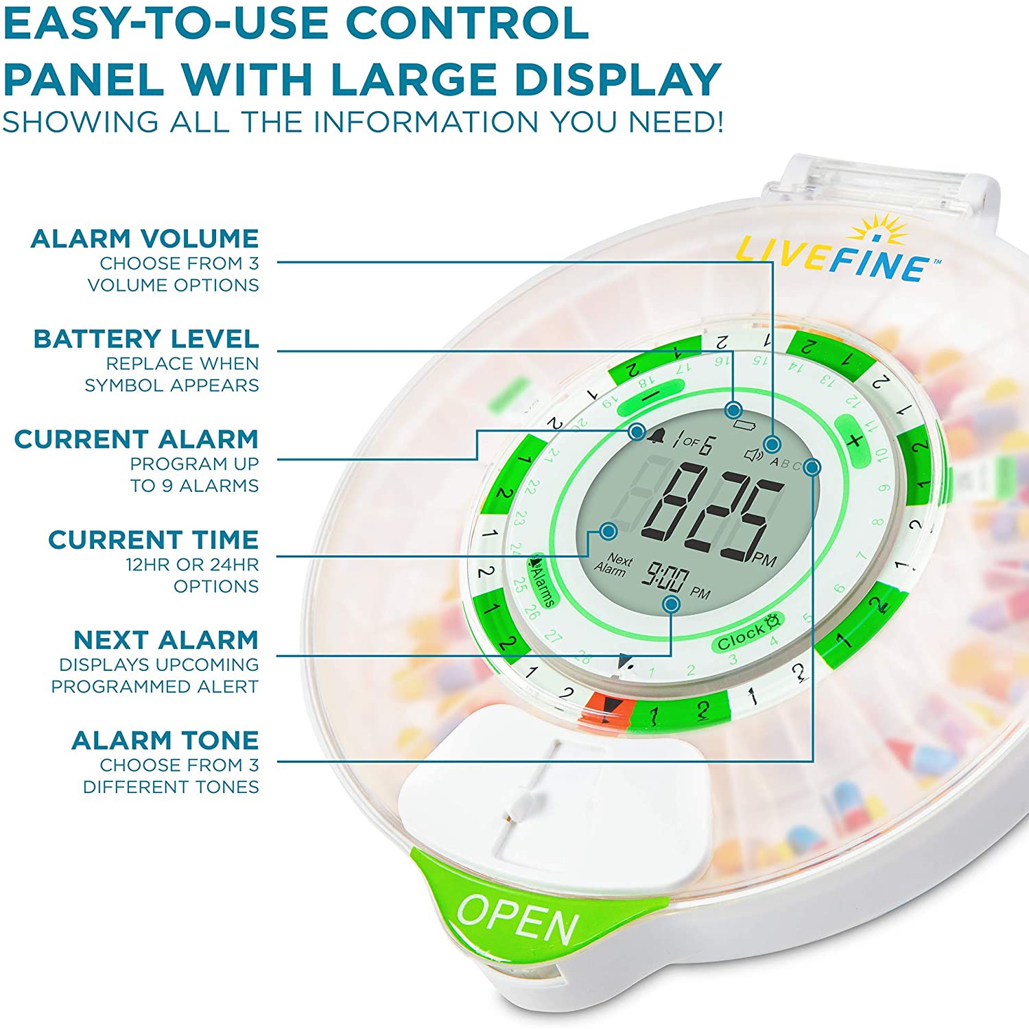 LiveFine 28-Day Automatic Pill Dispenser with Upgraded LCD Display, Key Lock, Sound & Light for Prescriptions, Medication, Vitamins, Supplements &