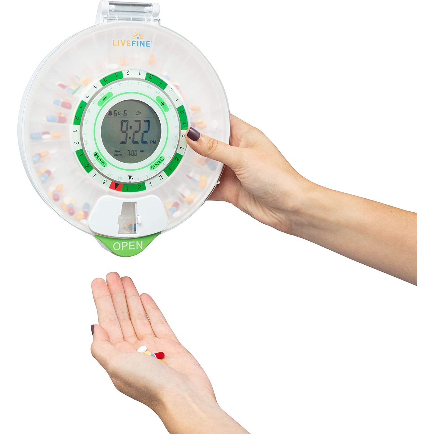 LiveFine 28-Day Automatic Pill Dispenser with Upgraded LCD Display, Key Lock, Sound & Light for Prescriptions, Medication, Vitamins, Supplements &